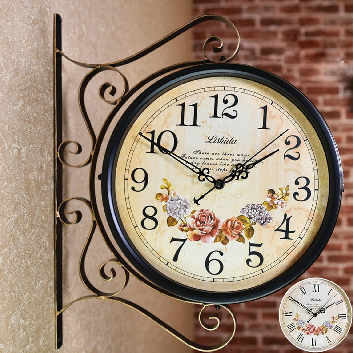Wall Clock, Outdoor Garden Clocks, Station Clock Double-Sided Hanging Clock Wall Clock Retro Vintage Station Clock，