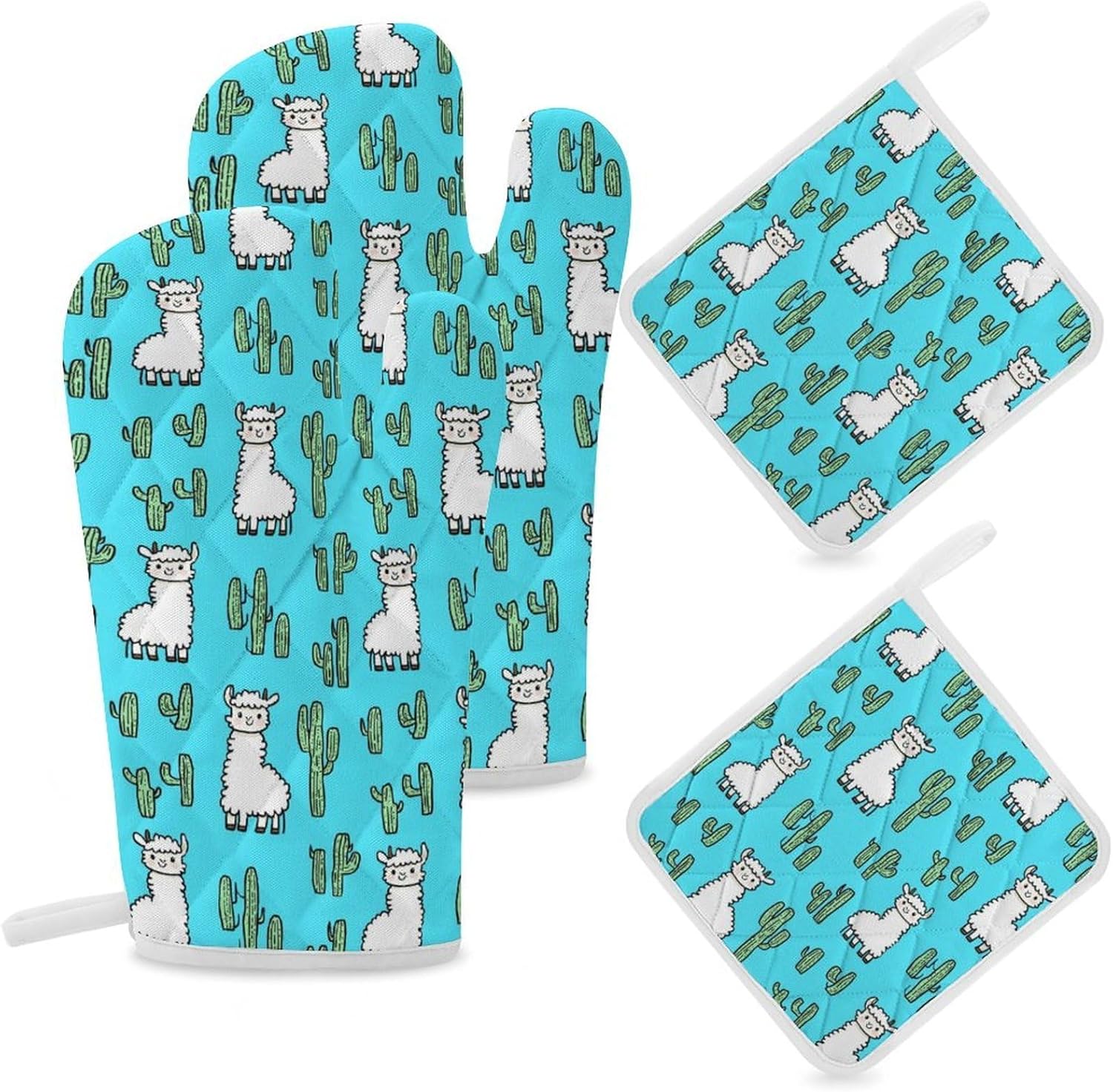 Cute Alpacas Cactus Llamas Oven Mitts and Pot Holders 4Pcs Set Heat Resistant Cooking Mitts Hot Pads