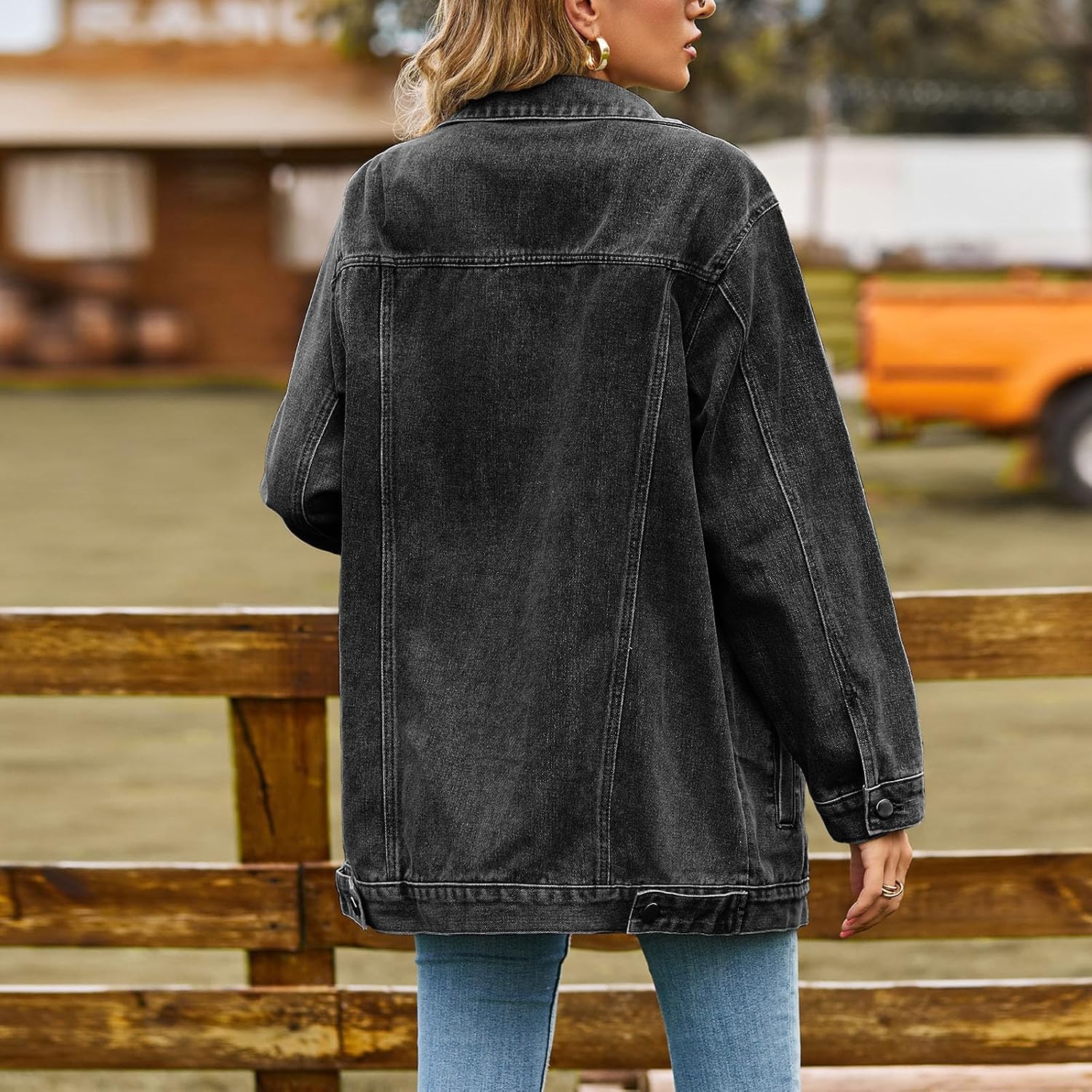 Women Oversized Denim Jacket Casual Boyfriend Distresse Jean Jacket Fall Loose Shacket Long Sleeve Button Down Coat