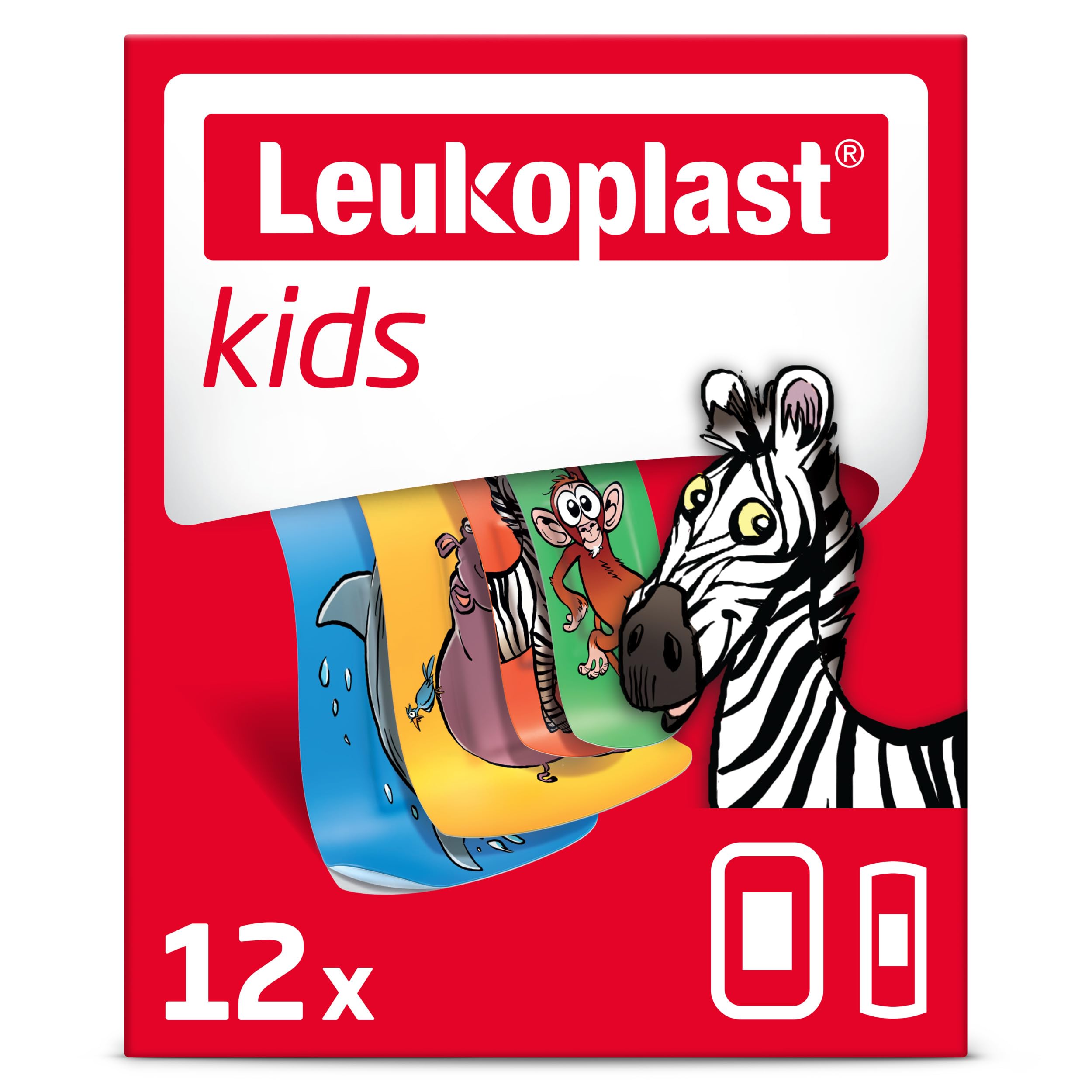 Leukoplast Kids - Non-Sterile Wound Dressing Strips with Skin-Friendly Adhesive - Soft, Breathable and Waterproof, First-aid Plasters for Children - Animal Motifs - 2 Assorted Sizes - Box of 12