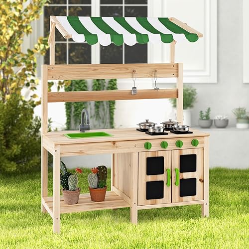 Miniatura 9 de INFANS Cocina de barro, cocina de juego al aire libre con grifo de toldo, estufas, accesorios de cocina, fregadero extraíble, juego de cocina para