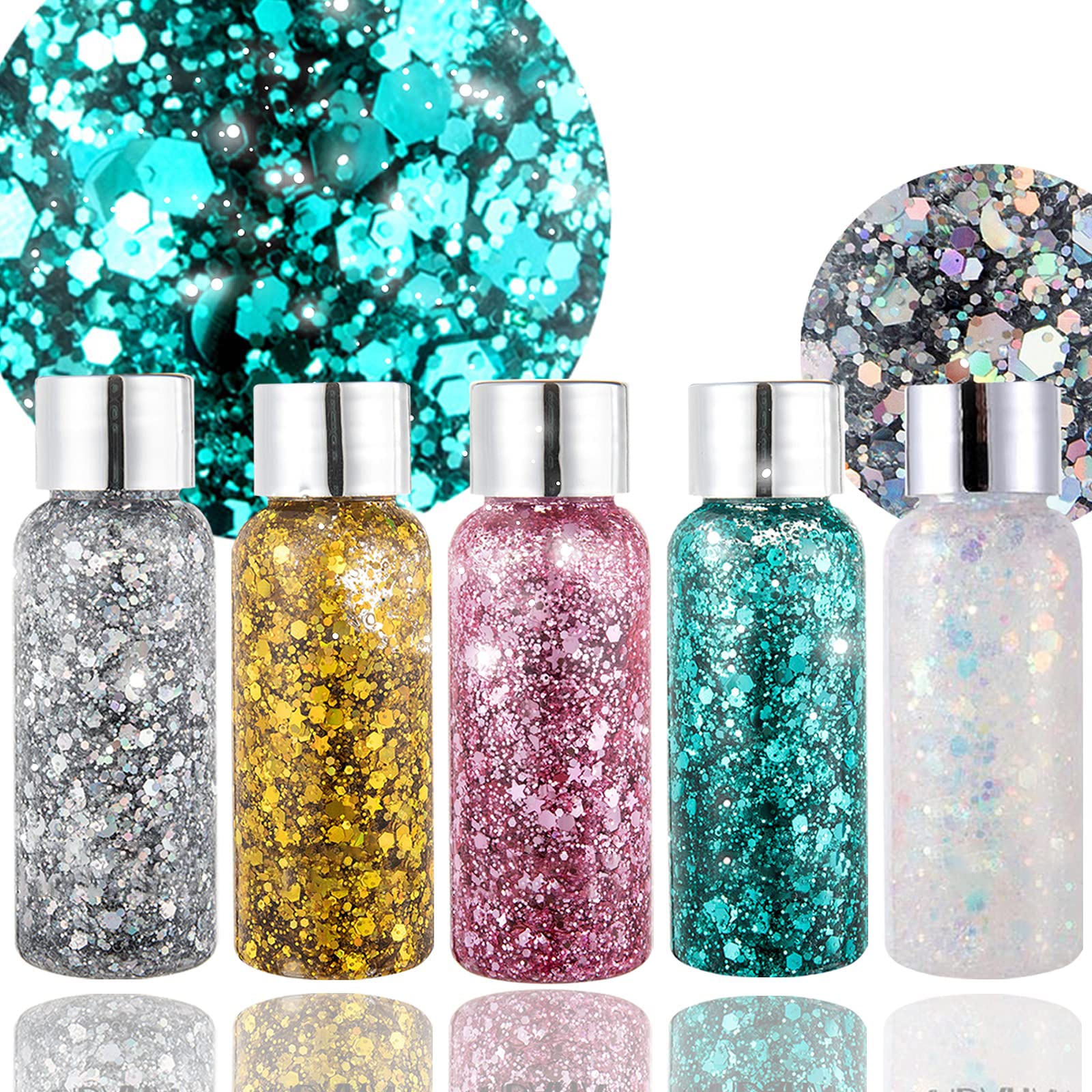 MAKINGTEC Body Glitter Holographic Glitter Liquid for Festival Make Up, Face Glitter Sequins Chunky for Hair and Eyeshadow Long-Lasting No Glue Needed and Easy to Remove
