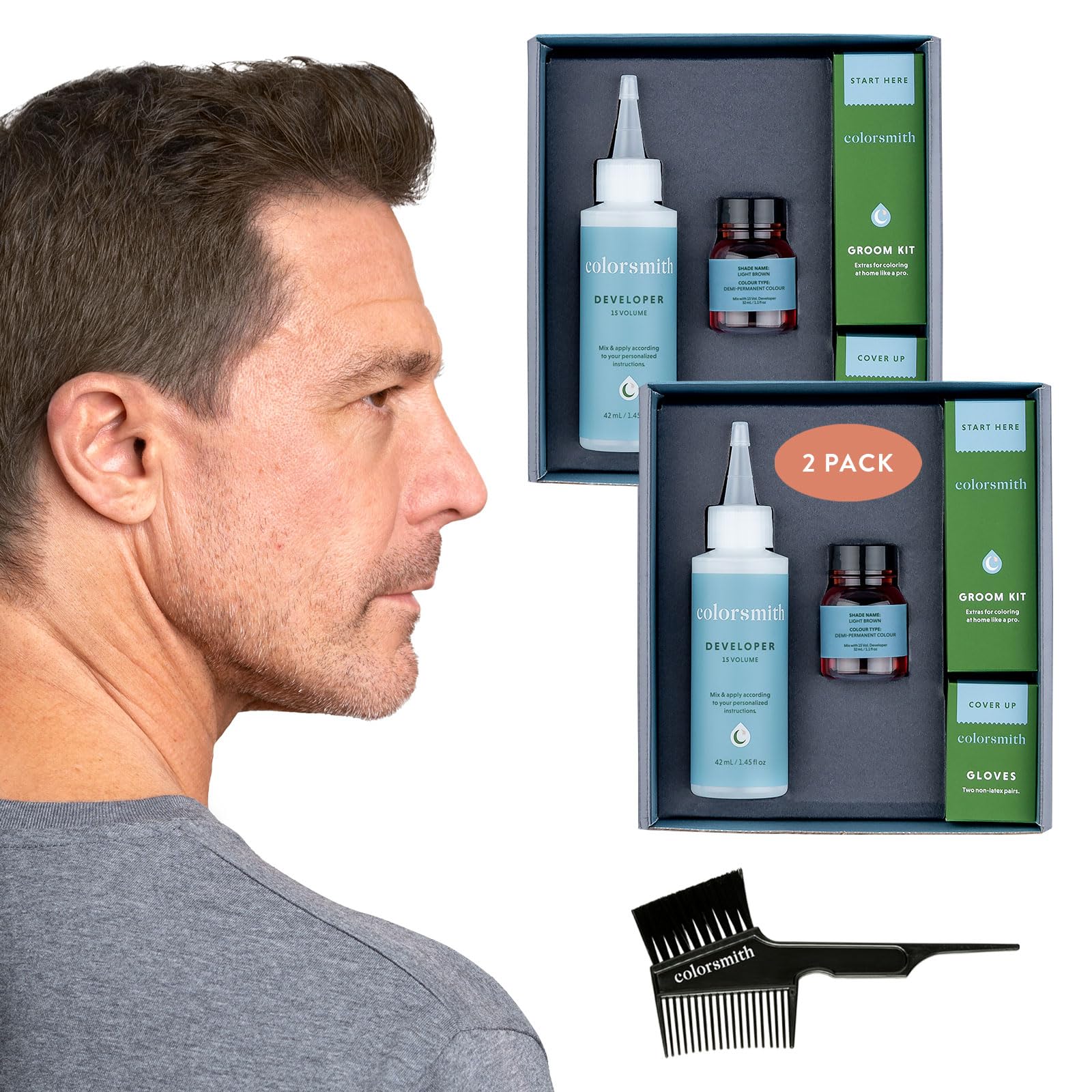 Colorsmith Hair & Beard Colour for Blending Greys 2 pack, Ammonia-Free Complete Men’s At-home Beard & Hair Dye Kit, Professional-grade Demi-Permanent Hair Colour