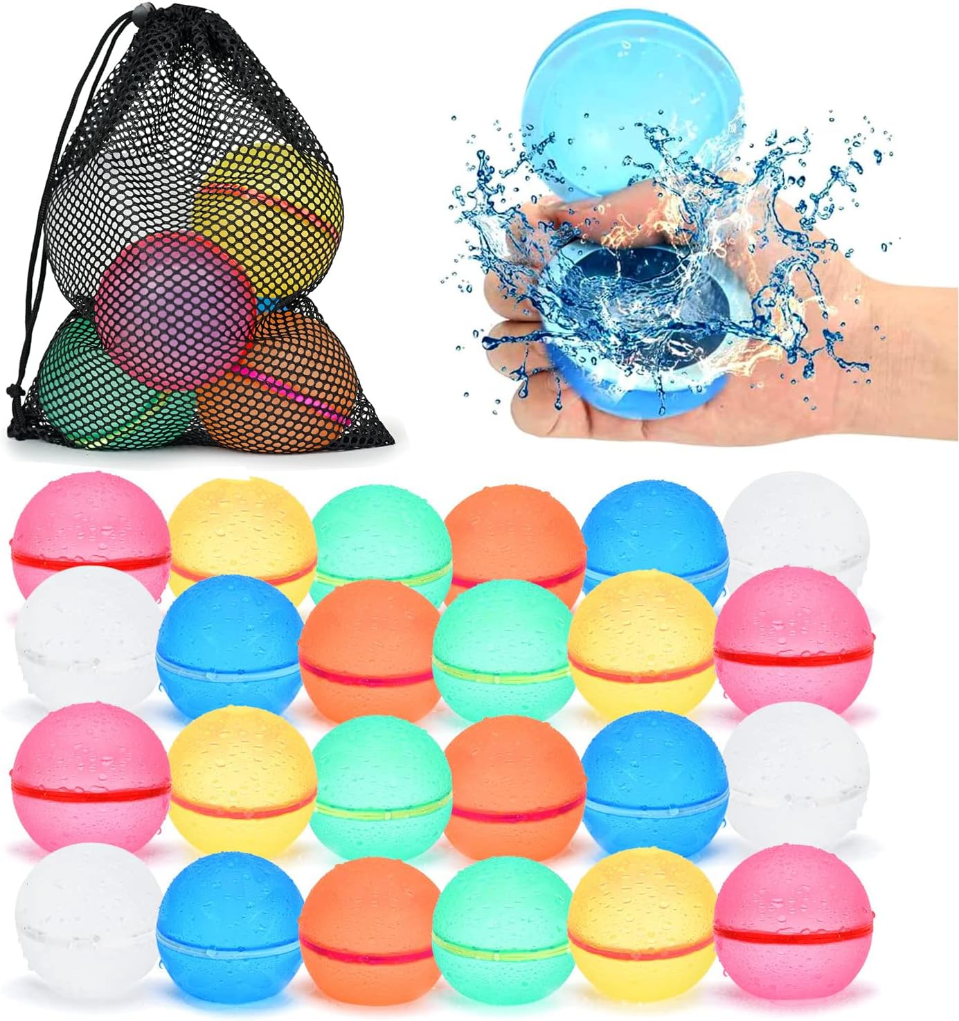 98K Reusable Water Balloons 24Pcs with Mesh Bag, Self Sealing Silicone Ball Latex-Free, No Clean Hassle, Easy to Fill, Summer Toys Water Toy Swimming Pool Beach Park Yard Outdoor Games Party Supplies