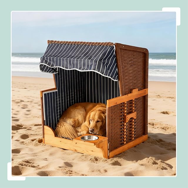 Foto 3 de 7 de Relaxdays Canasto de Playa para Perros, ratán, con comedero y Dosel, 95x75x65 cm, jardín/terraza