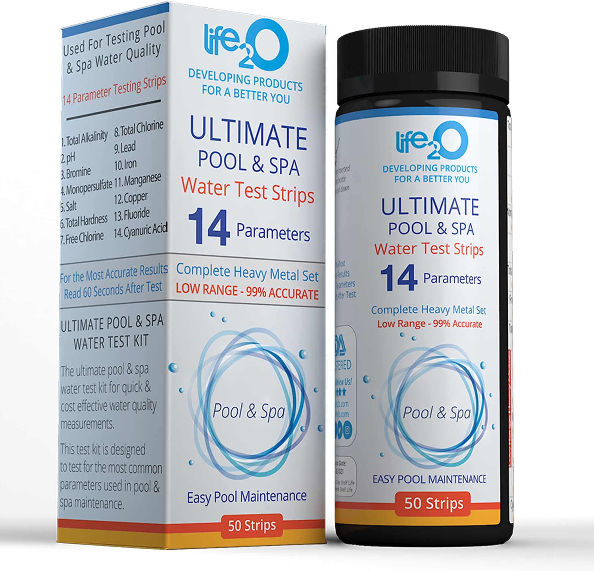 life2O 14 Parameter Spa Test Strips, Fluoride, Heavy Metals, Chlorine, Hardness, pH, Bromine and More, Water Quality Testing Kit for Pool, Hot Tub and Spa Maintenance