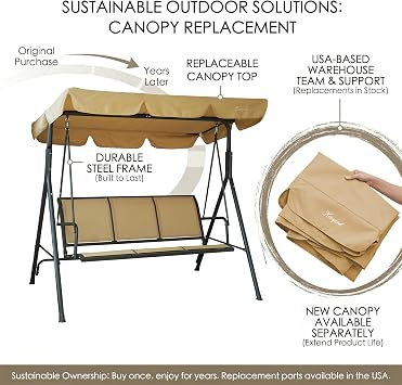 Kozyard 3-Person Outdoor Canopy Porch Swing Chair, Adjustable Canopy Shade | Breathable Textilene Seat & Armrests, Heavy-Duty Powder-Coated Steel Frame for Patio, Backyard, Poolside & Balcony, Beige