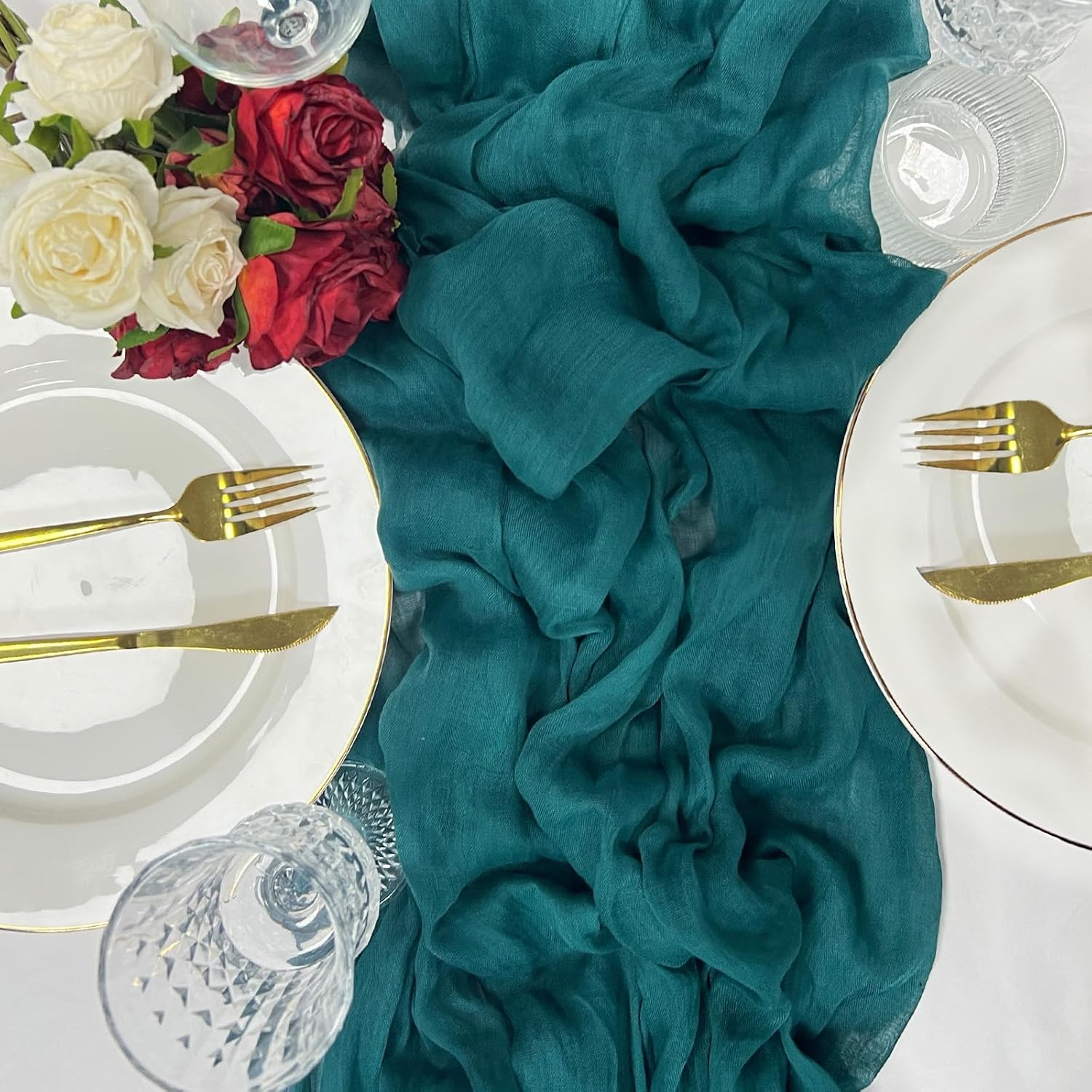 10 Pack 120inch Teal Cheesecloth Table Runners - 10Ft Long Cotton Teal Blue Gauze Runner Table Set for Weddings Bridal Parties and Baby Showers Decoration- Elegant Turquoise Table Cloth