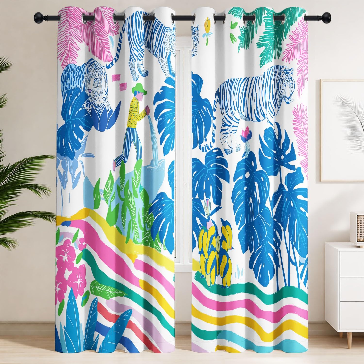 Generisch Tiger Gärtner Pflanzen Blickdichte Gardinen Boho Tropisch Ösenvorhänge Thermo Vorhang Schlafzimmer Wohnzimmer Kinder Verdunklungsvorhänge 2er Set B 91.5 x H 214 cm