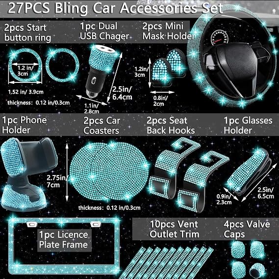 NBTEPEM 27 PCs Aquamrine Bling Car Accessories Set for Women, Steering Wheel Covers Universal Fit 15 Inch, Bling License Plate Frame, Bling Phone Holder, Bling Car Coasters (Aquamrine Diamond)