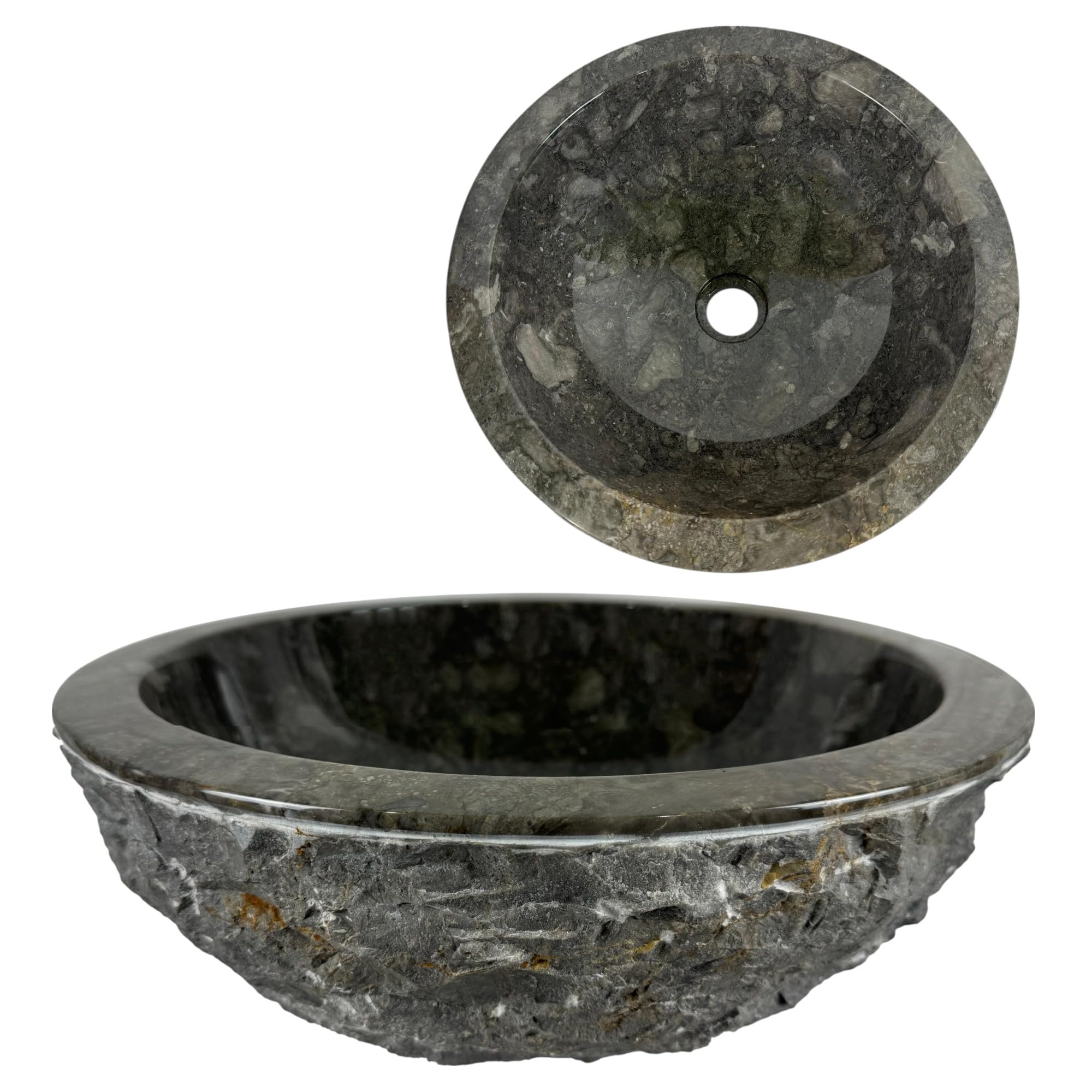 Lavandino Rotondo - Lavello - Lavabo Arredo Bagno Sanitari - 40x40x15 cm - in Marmo - Pietra naturale - Lucido - Solido e robusto (Grigio)