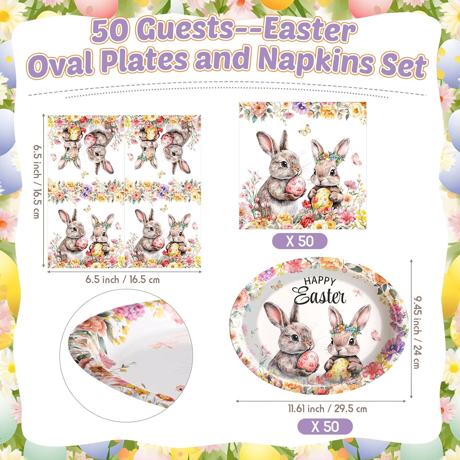Mimorou 100 Pcs Happy Easter Oval Paper Plates and Napkins-serves 50, 11'' Large Disposable Bunny Platter Party Decorations Elegant Rabbits Flower Plates Dinnerware for Spring Easter Party Supplies