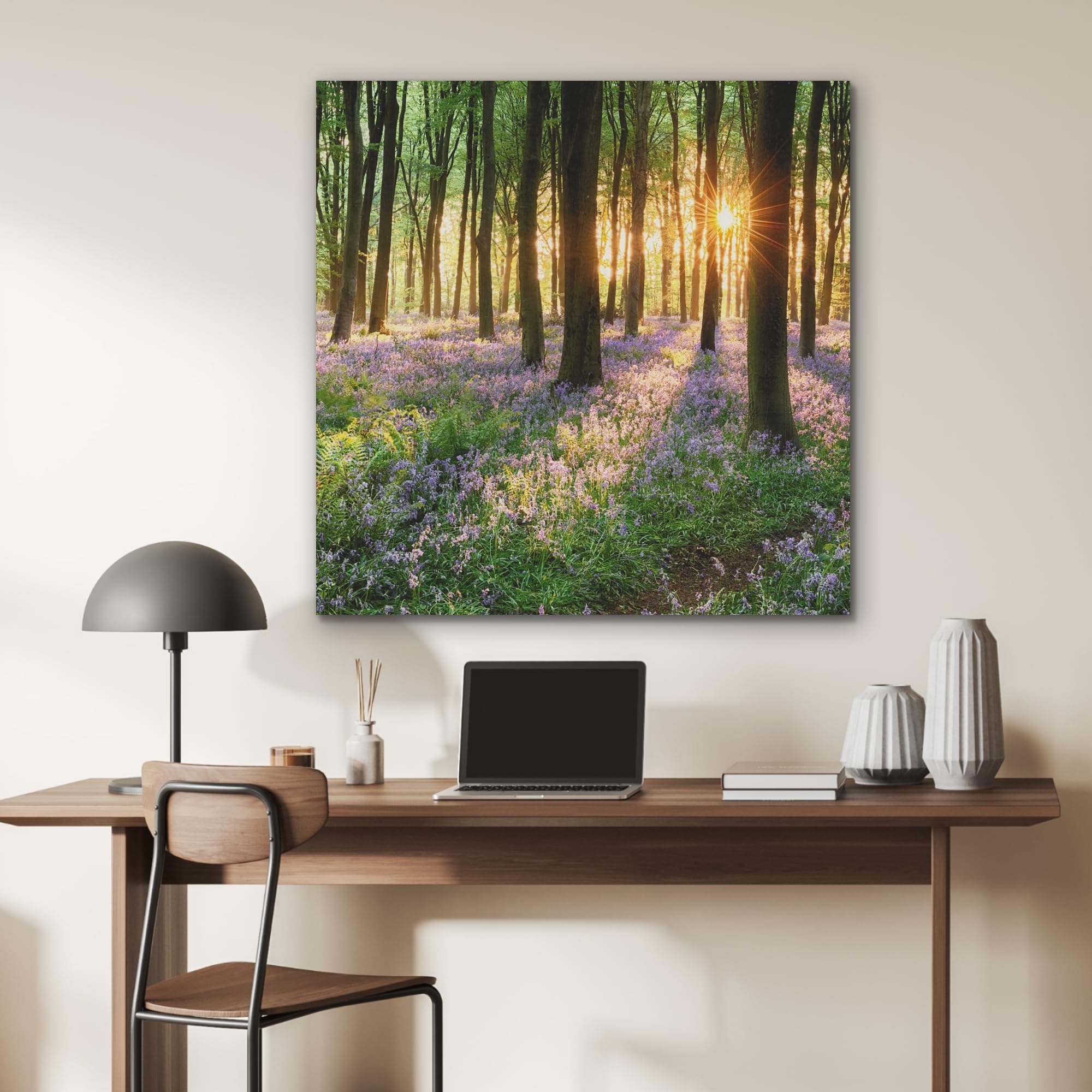 MuchoWow© Wandbilder aus Filz 90x90 cm Wohnzimmer Wanddeko Schlafzimmer Zimmerdeko Wandgemälde Zimmer Deko für die Wand Dekoration Wall Art Wald - Blumen - Lavendel - Sonne - Lila - Natur