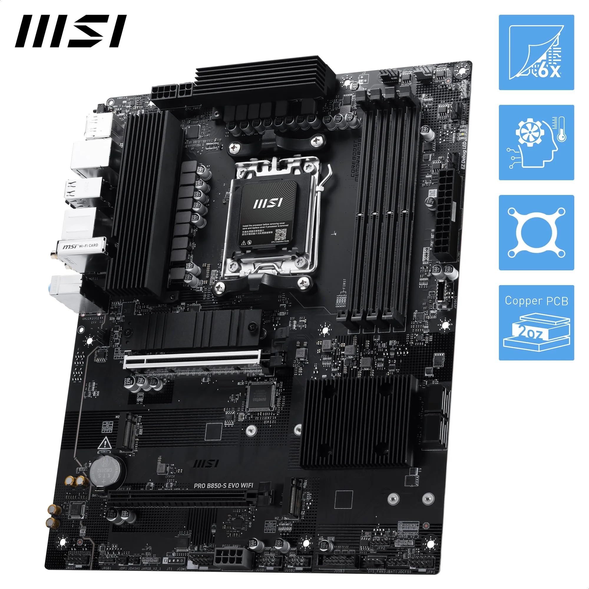 MSI Pro B850-S Evo WiFi Carte mère, ATX - pour processeurs AMD Ryzen 9000/8000 / 7000, AM5 - DDR5 Memory Boost (OC jusqu'à 8200+MT/s), PCIe 5.0 x16 et 4.0 x4, M.2 Gen5, Wi-FI 7, 5G LAN