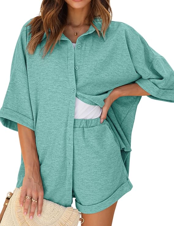 Waffle Knit Lounge Set Short Sleeve Button Down Oversized Shorts Set