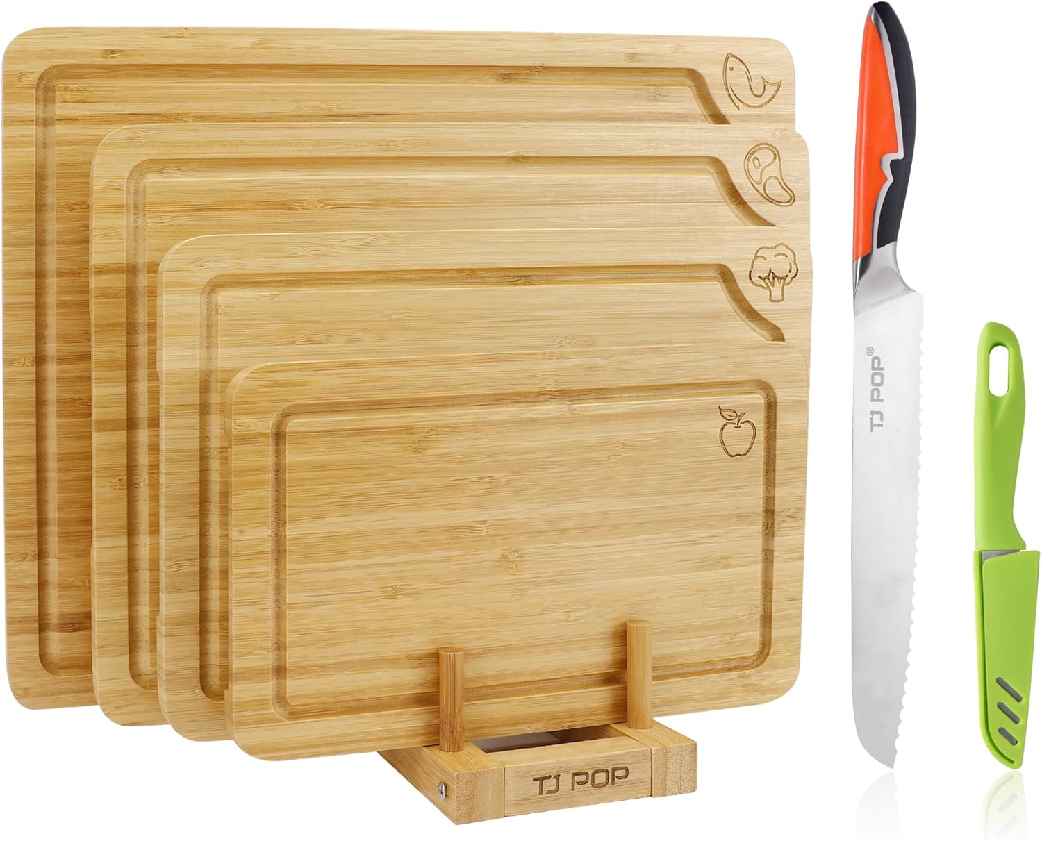 4-Piece Labeled Bamboo Cutting Board Set with Stainless Steel Bread Knife, Kitchen Prep Bundle for Bread, Baked goods and Cakes