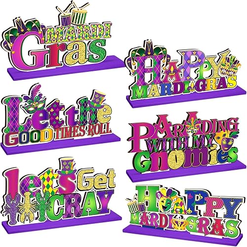 Geelin 6 piezas de decoraciones de Mardi Gras, centros de mesa de Mardi Gras para mesas, máscara de gnomo, cangrejo de río, letreros de madera,