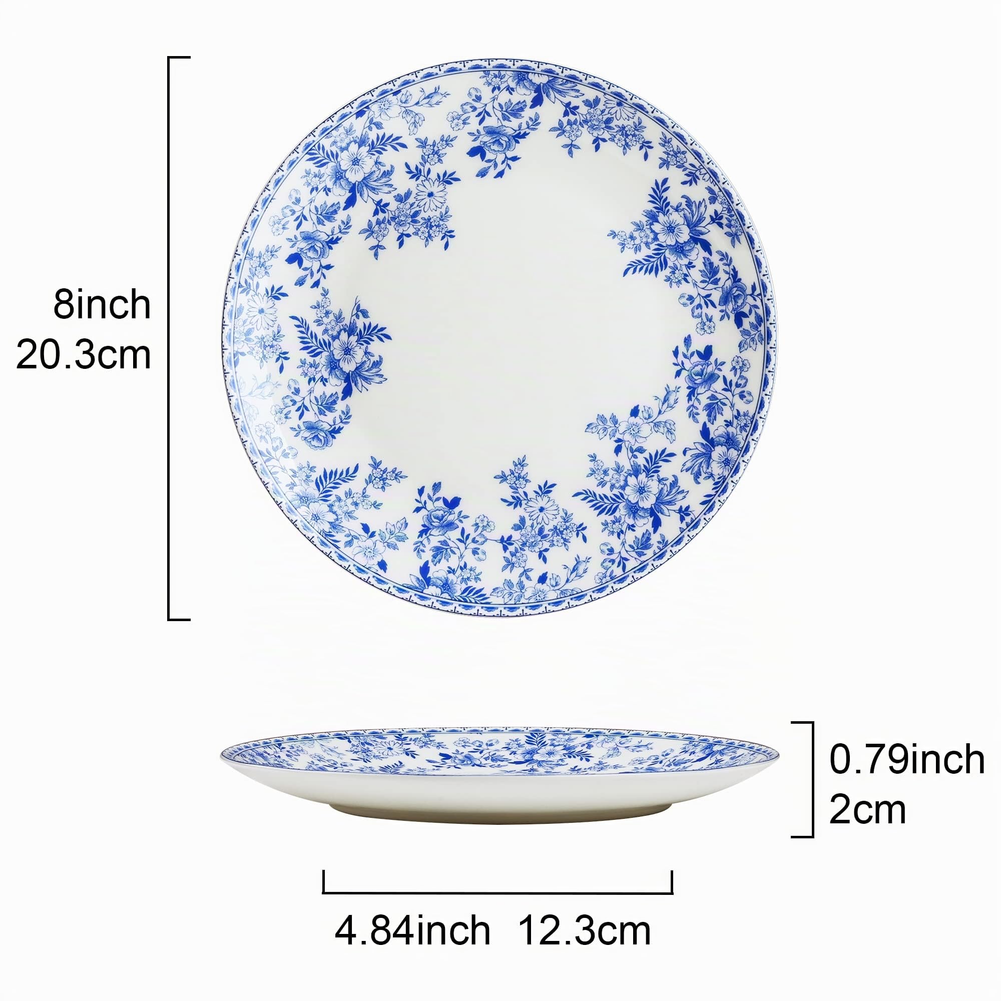 fanquare 20cm Floral Bone China Platos de Postre, Platos de Ensalada de Porcelana Azul y Blanca para Pasta, Set de 4 Platos Vintage
