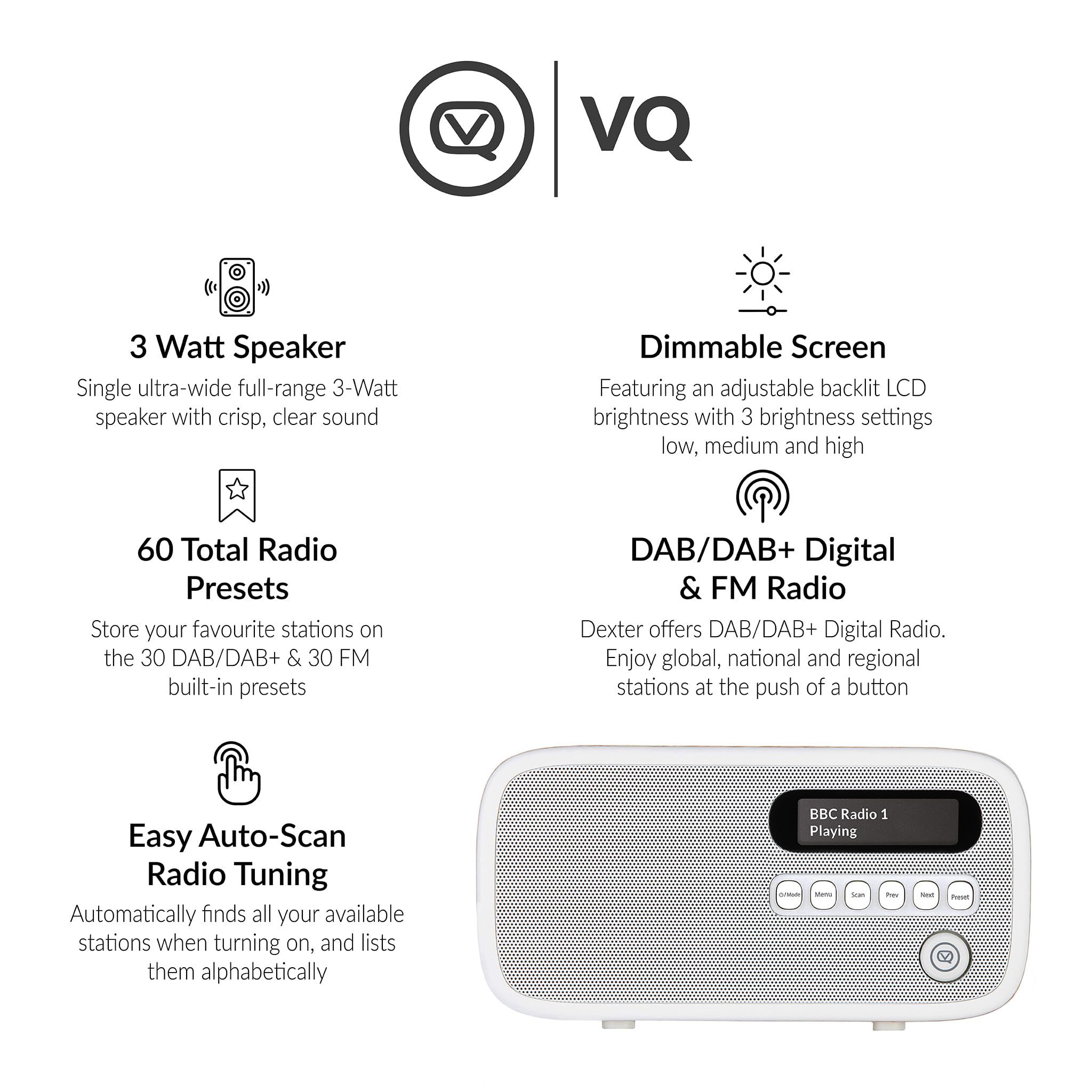 VQ Dexter Radio Dab Plus/Dab con FM, Altavoces Estéreo de 3W y Pantalla LCD - Alimentada por Corriente y Batería Radio Portatil con 60 Presintonías, Antena y Toma de Auriculares - Roble