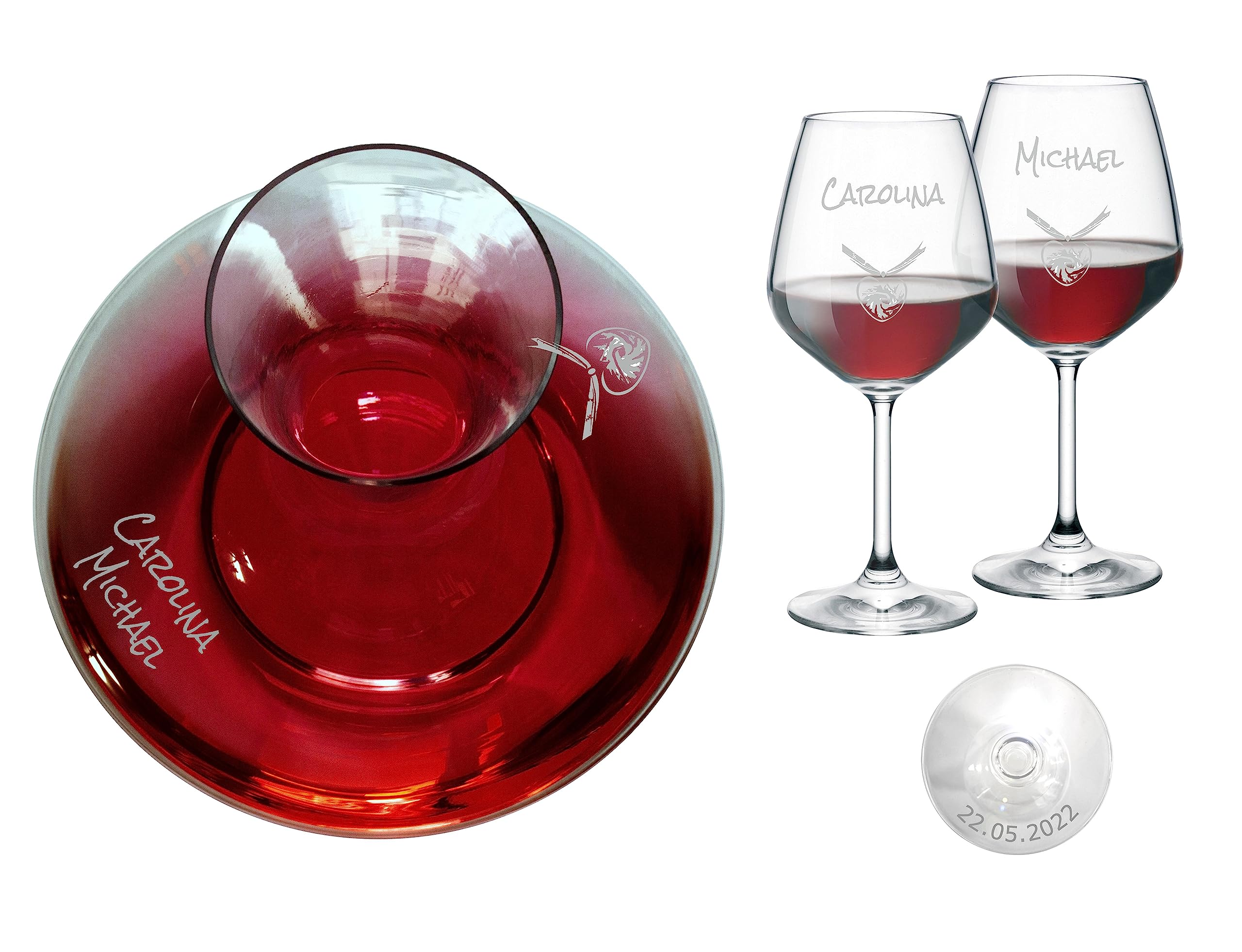 Set 2 Bicchieri Vino e Decanter Personalizzati - Calici Vino Rosso e Caraffa Incisi - Personalizzabili con nomi, iniziali e data. Migliore idea regalo (Set Decanter + 2 calici Rosso)