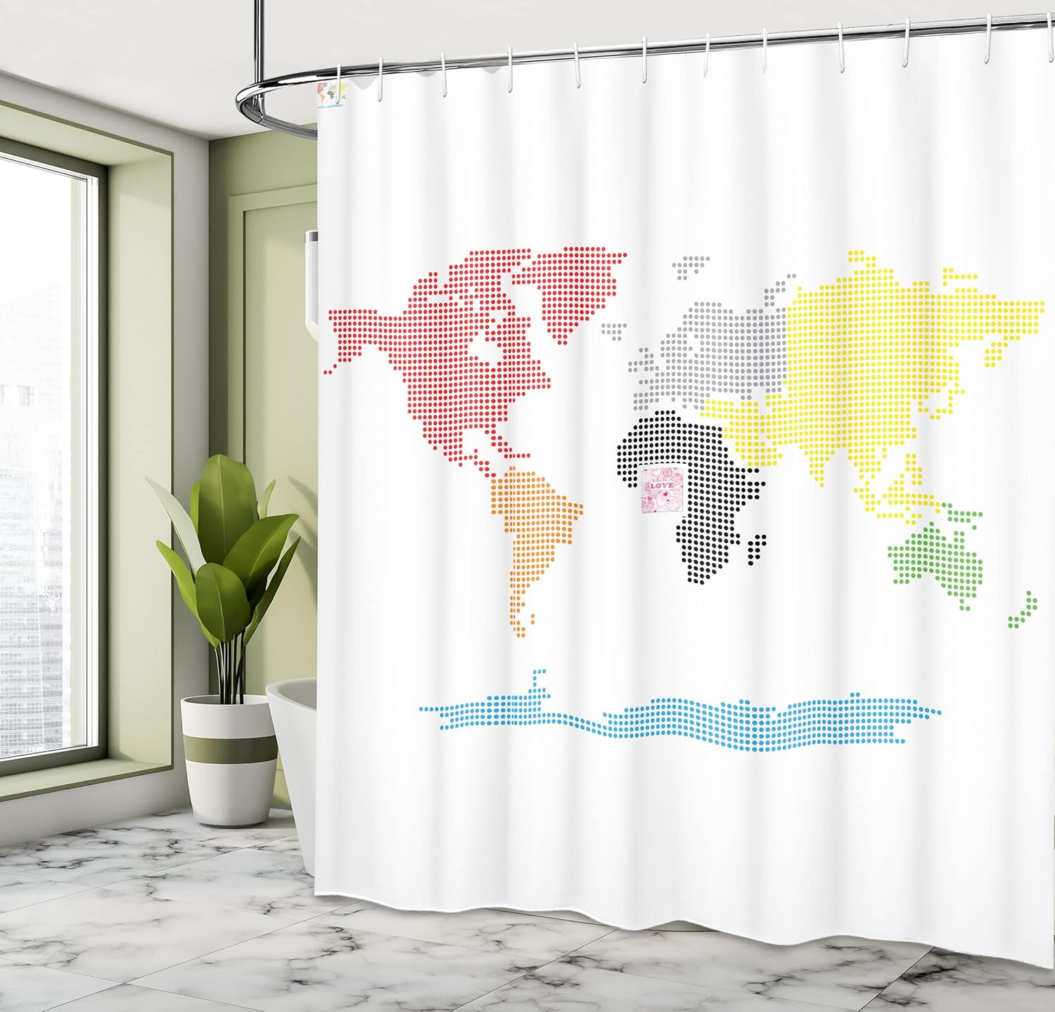 Ambesonne World Map Shower Curtain, Digital Dotted Colorful World Map on Clear Background Mod Graphic Print, Cloth Fabric Bathroom Decor Set with Hooks, 75" Long, White