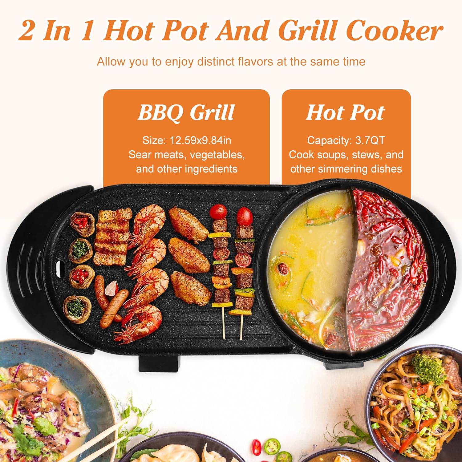Electric Hot Pot with Grill, Indoor Smokeless Non-Stick Korean BBQ Grill Cooker, Shabu Shabu Hot Pot with Divider Independent Temperature Control 5 Gears Firepower, for 2-8 People