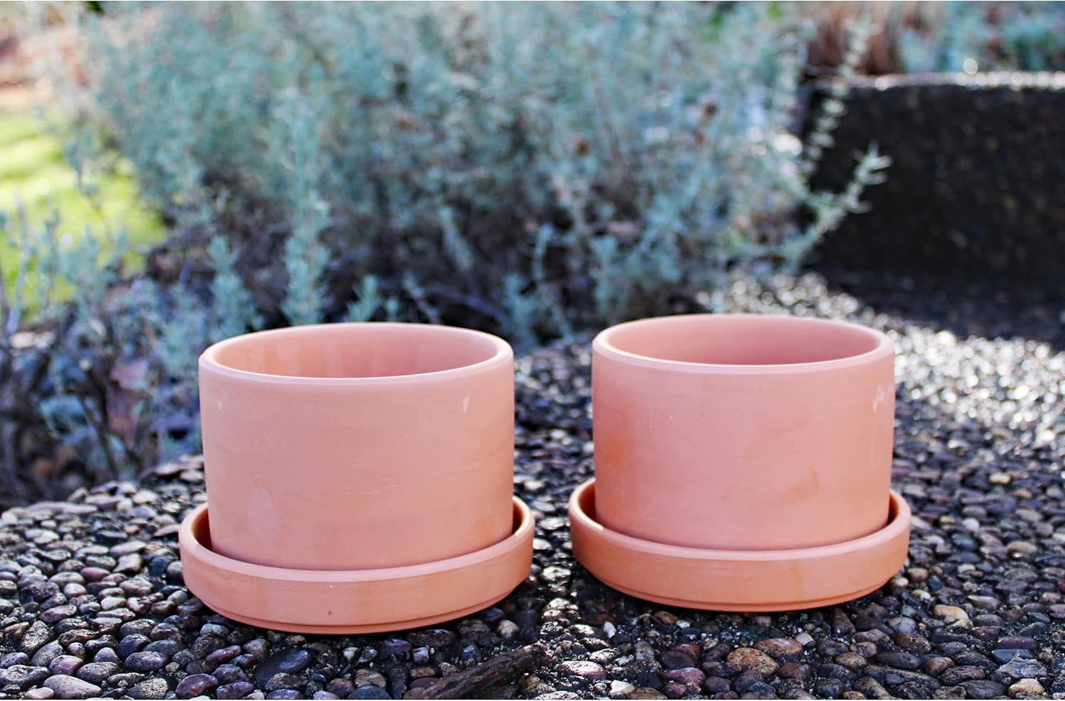 Fat Walled Terracotta Planter with Drainage Hole and Saucer Cylindrical Plants Flower Containers Unglazed Clay Pots - Set of 2