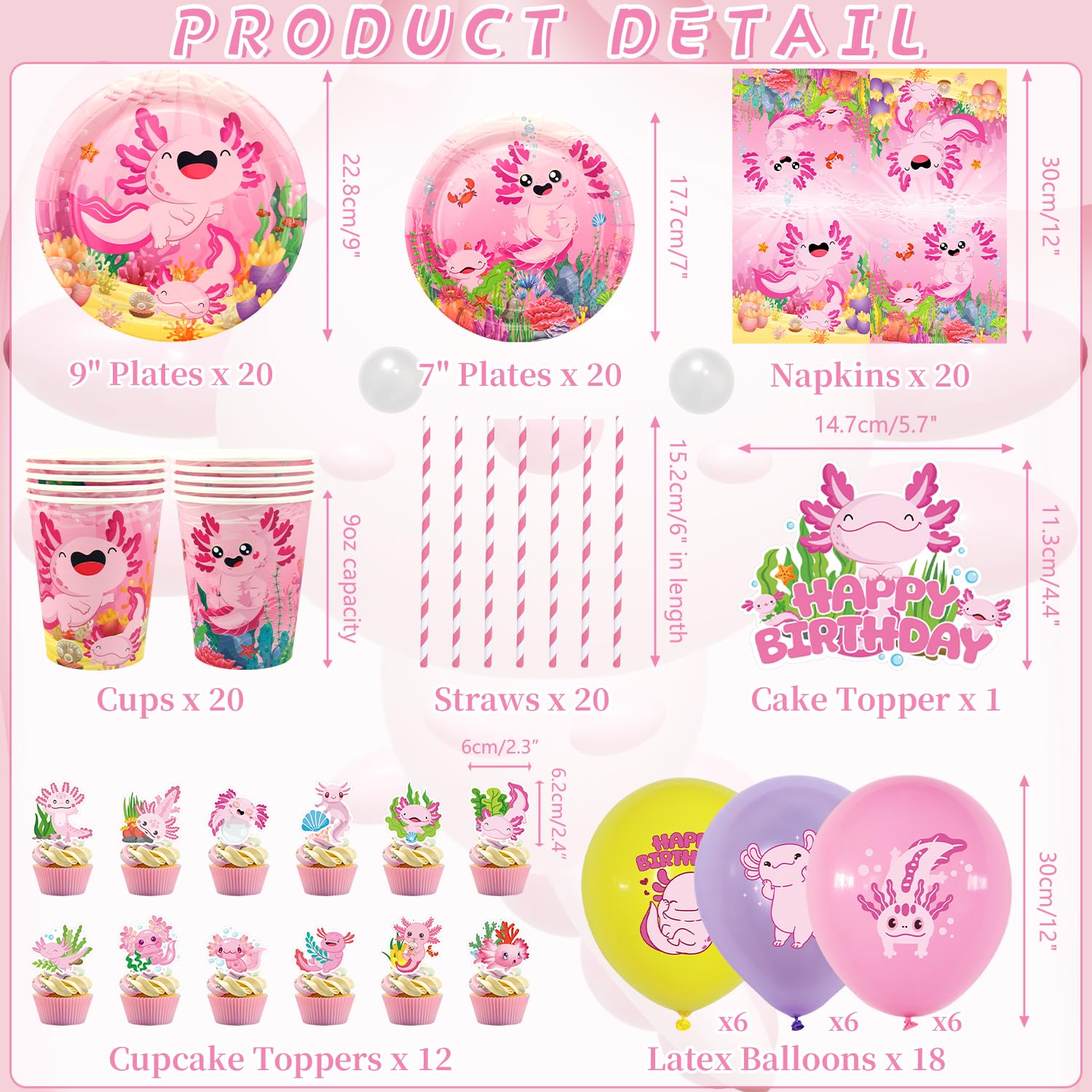 Confetti Axolotl Rosa per Festa di Compleanno - Forniture per Festa Axolotl inclusi Banner, Piatti, Cake Topper, Tazza, Tovagliolo, Palloncino, Tovaglia - per 20 Persone (LQ)