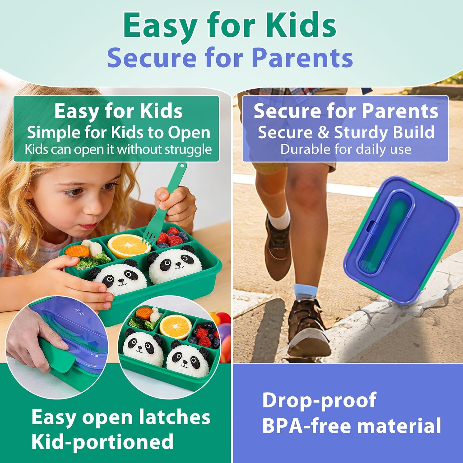 Caperci Bento Box for Kids - 50oz Larger Lunch Box Containers for Kids, Reinforced Leakproof, Built-in Sauce Cup, Utensils, 4 Compartments, BPA-Free Microwave & Dishwasher Safe (Navy/Green) - Image 4