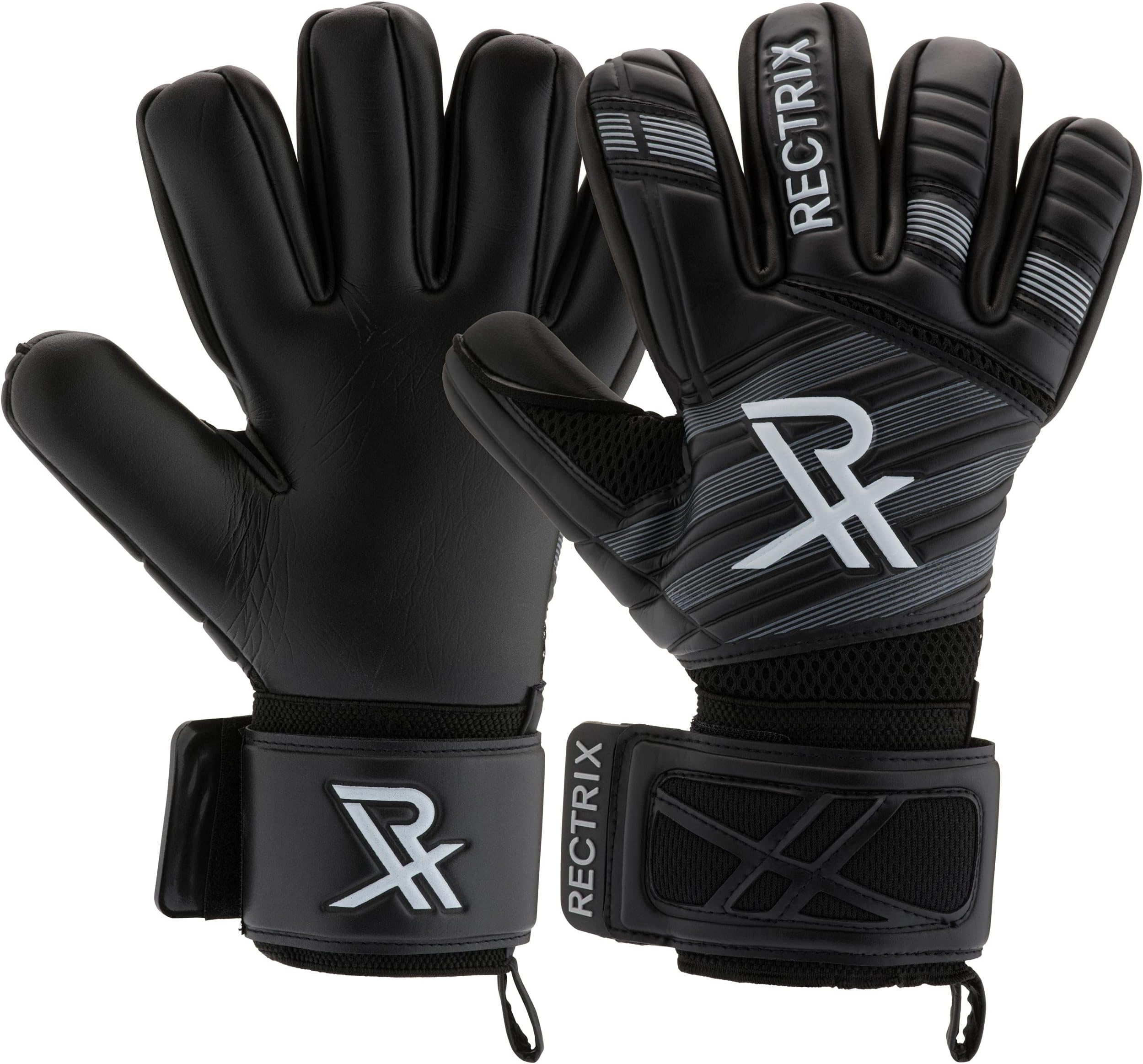Rectrix 1.0 Goalkeeper Gloves (with Free Zip Case) - Negative Cut - Youth & Adult Sizes - Pro-Level Grip for Football Soccer Goalkeeping (7, Black)