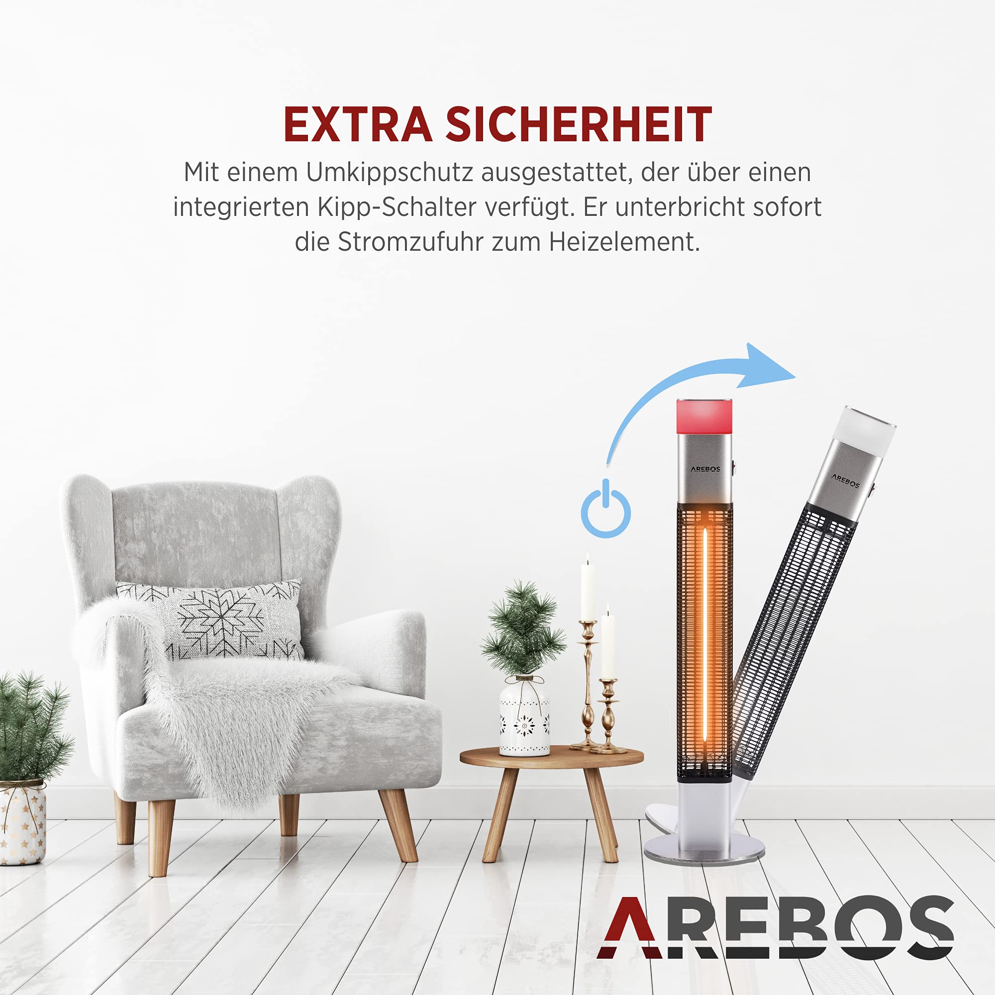 Arebos 1500 Watt Stand Heizstrahler Silber | inkl.16 Farben LED-Licht mit Fernbedienung | Kohlenstoff Infrarotstrahler für Außenbereich | Terrassenstrahler