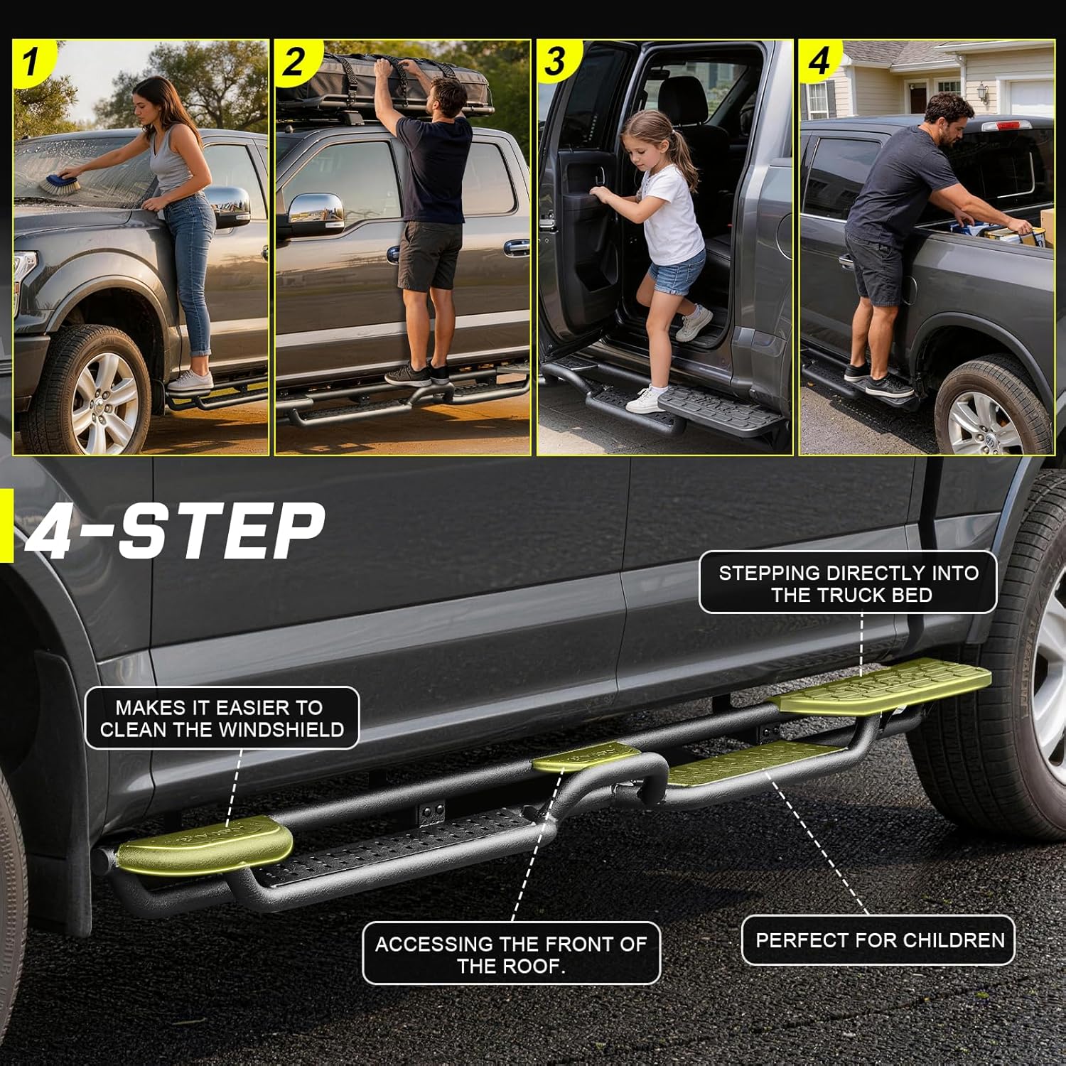 Binary Star Wheel to Wheel Running Boards for 2019-2026 Chevy Silverado/GMC Sierra 1500 Crew Cab, 2020-2026 Silverado/Sierra 2500HD 3500HD Crew Cab | 4-Step Truck Side Steps with Plastic Rear Step