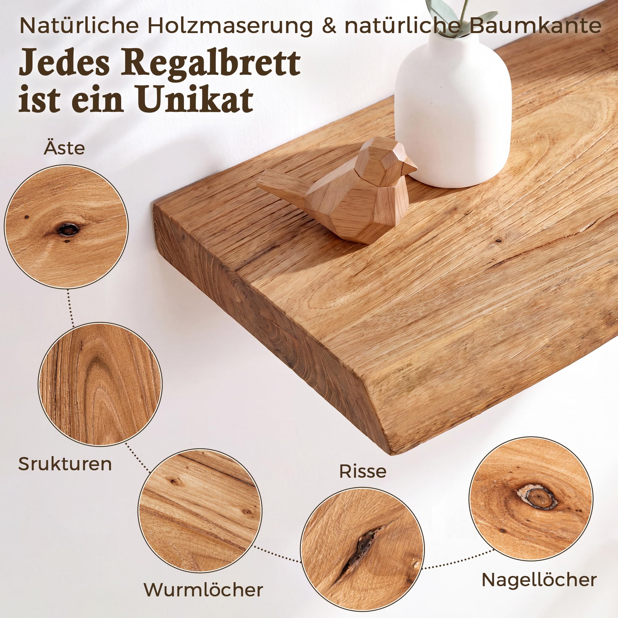 Feihorrm 100cm Wandregal Massivholz Ulmen Schweberegal mit Baumkante