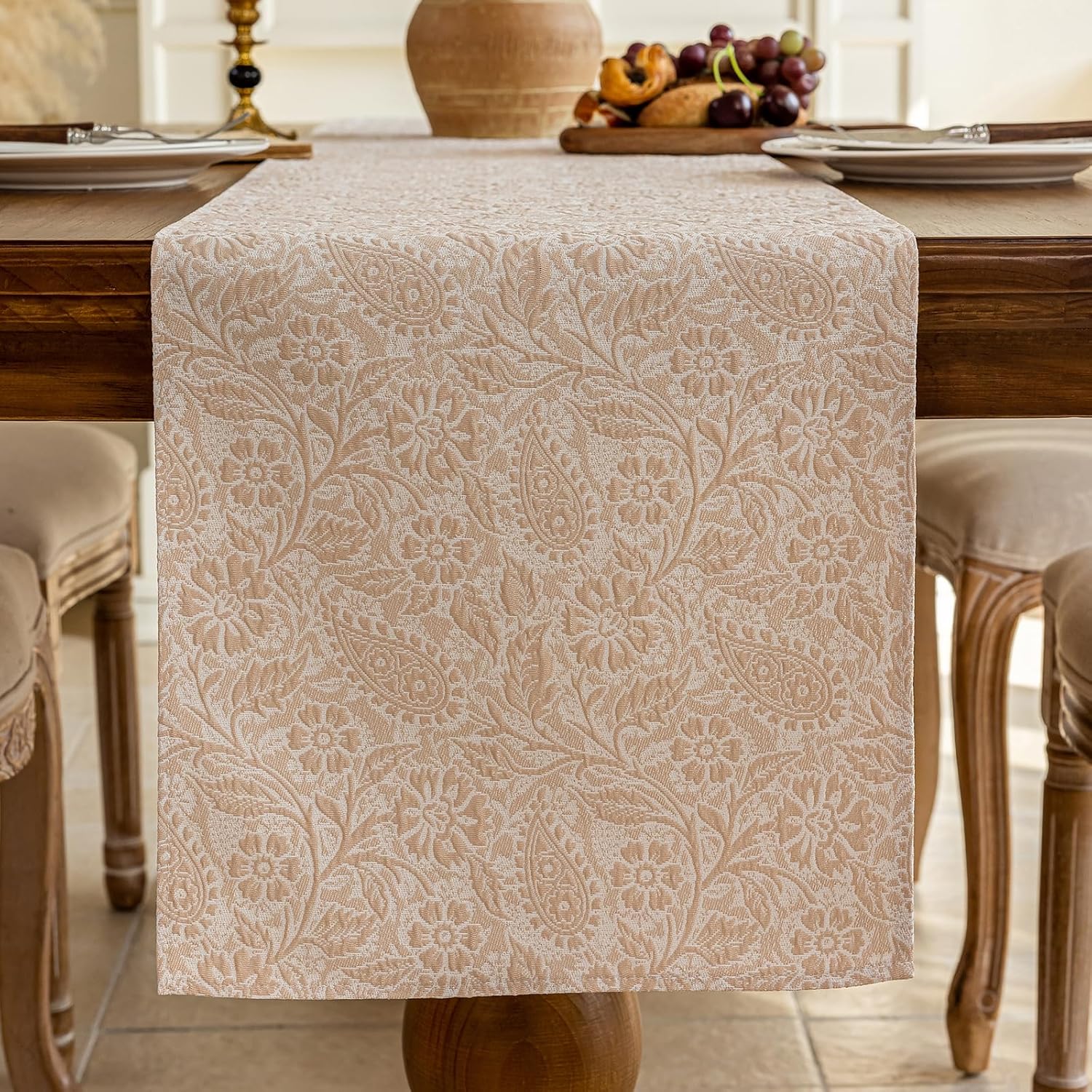 HEAVYWOOD Floral Table Runner Embroidery Farmhouse Paisley Boho Runner Table Cloth Rustic Vintage Tea Party Washable Table Cover Decor (Oatmeal, 106'')