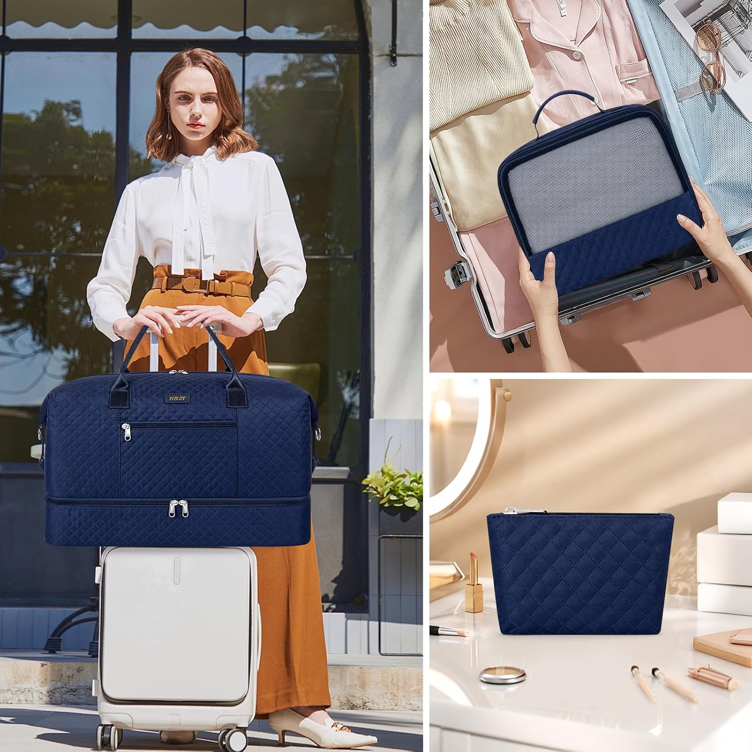 ITIEZY Weekender Overnight Bag for Women - Large Travel Duffel Bag with Shoe Compartment, Gym Duffel Bag Hospital Bag Carry On Tote Bags for Airplanes with Crossbody Bag Toiletry Bag 3Pcs Set