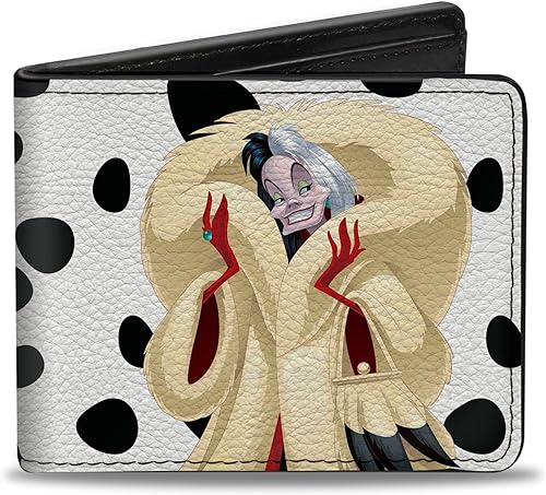 Buckle-Down Billetera de Disney para hombre, plegable, de Vil crema con manchas de piel color rojo y negro, cuero vegano, 101 Dálmatas Cruella, 4.0