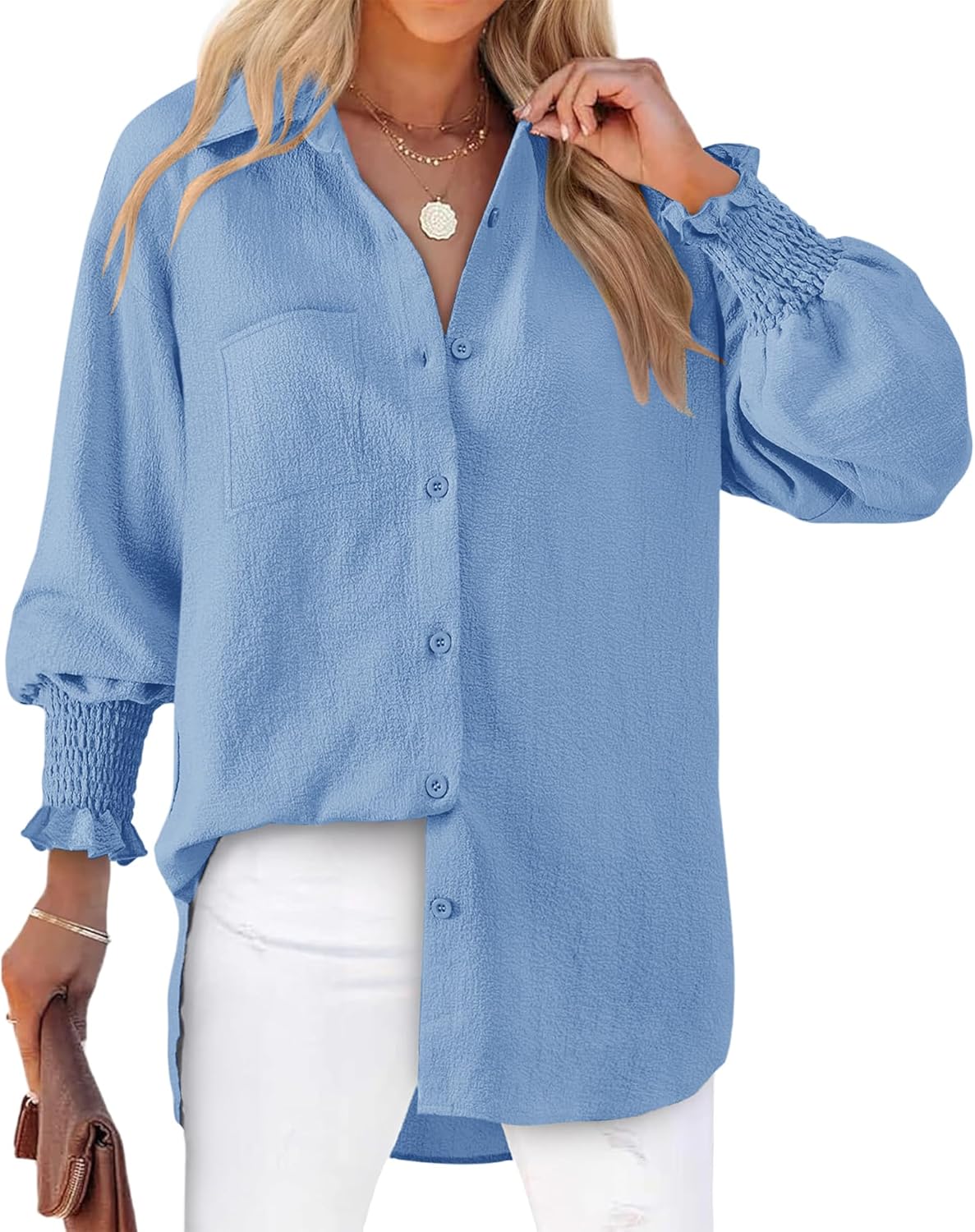 Womens Striped Button Down Shirts Smocked Puff Sleeve Boyfriend Blouse Collar Oversized Work Tops with Pocket