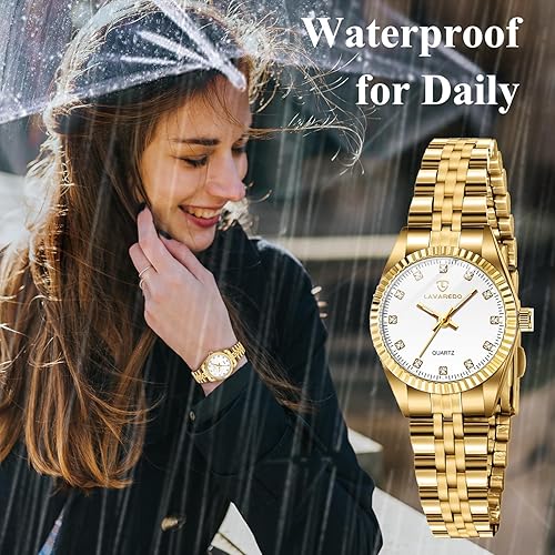 Miniatura 8 de Gold Womens Watch Set, 18K Gold Plated Bangle Bracelets Ring for Women, Dainty Ladies Wrist Waterproof Analog Watch with Luminous, Valentine
