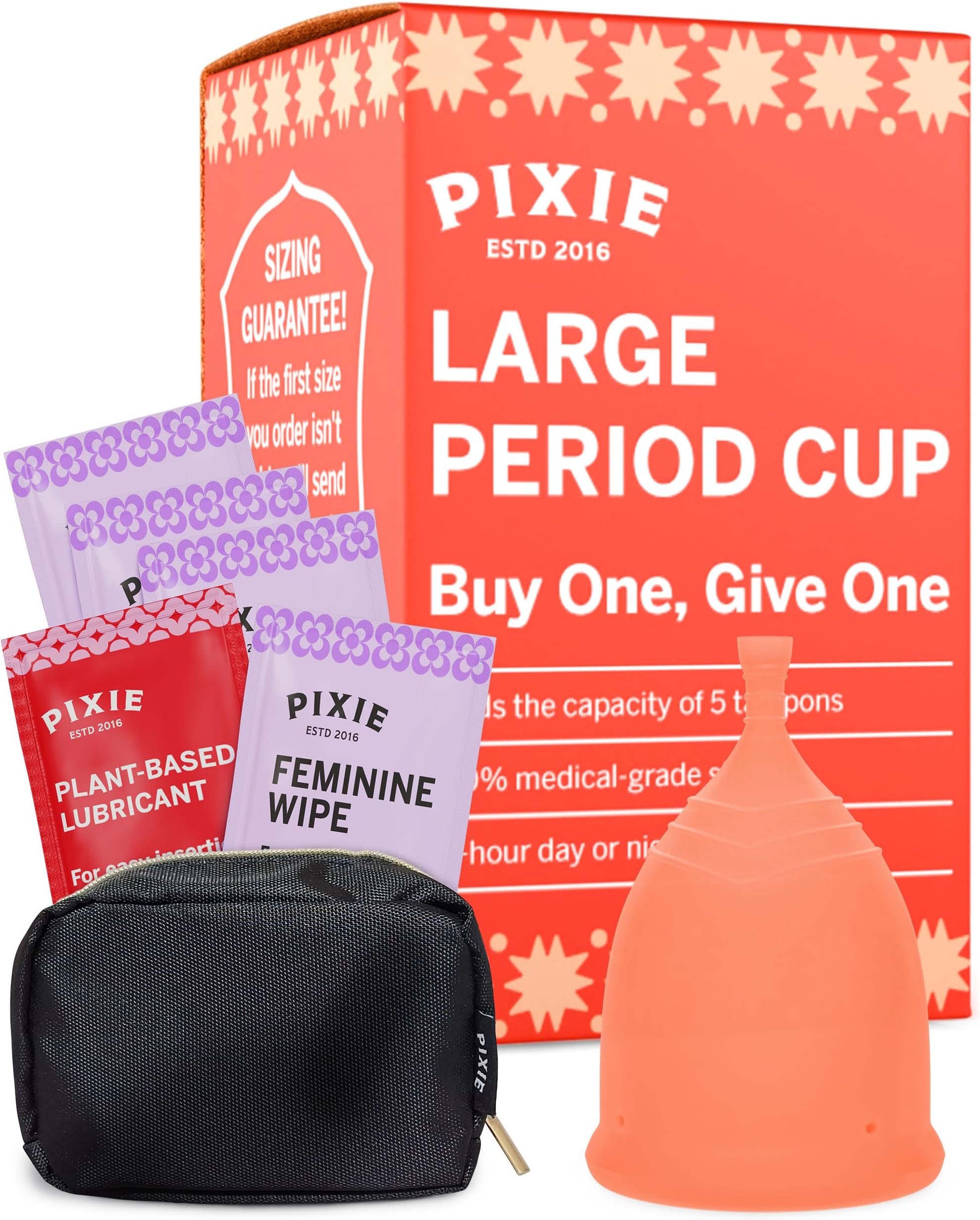 Pixie Menstrual Cup - 100% Medical-Grade Silicone Reusable Period Cup - Eco-Friendly, No Metals or Toxins - 12-Hr Leakproof, Odor-Free - Tampon Alternative (Large)