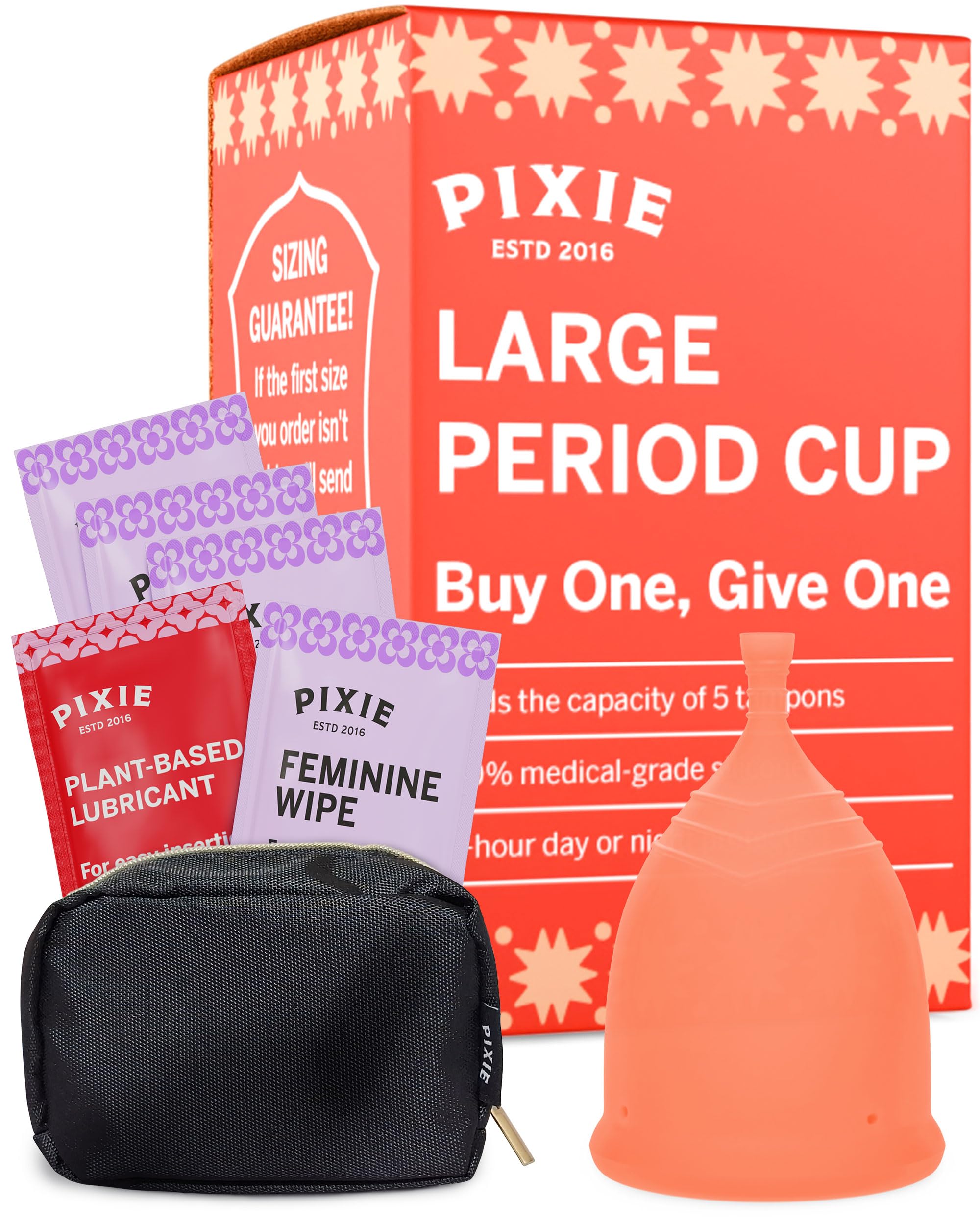 Pixie Menstrual Cup - No Metals or Toxins - 100% Medical-Grade Silicone - Ranked 1 for The Most Soft Reusable Period Cup - Wear 12 Hours - Tampon Alternative - Buy One We Give One (Coral, Large)