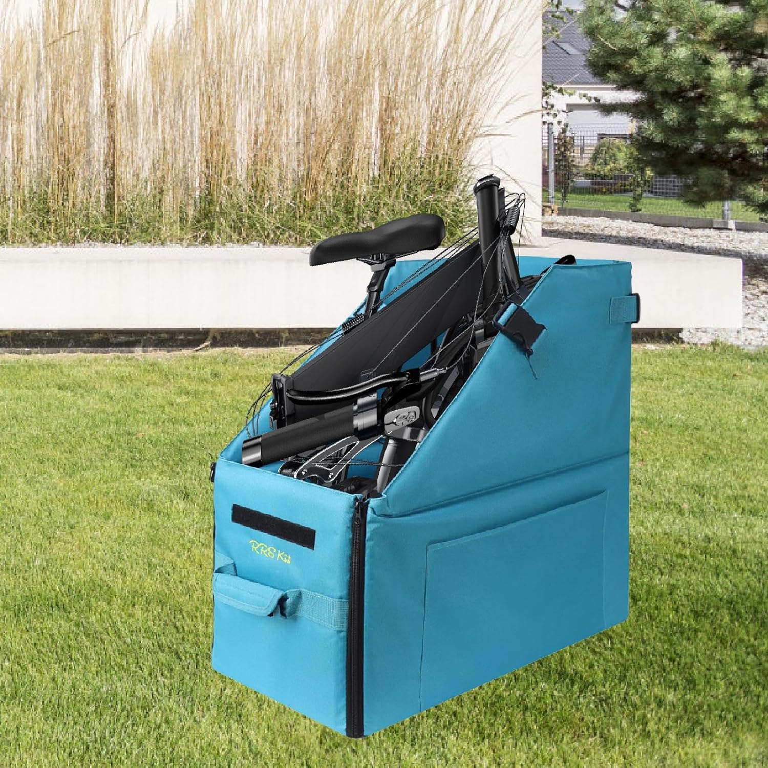 Folding Bike Storage Box,Bicycle Organizer Carrying Zipper Carrier Travel Case with Dust Cover for Outdoor Cycling, Bright Blue