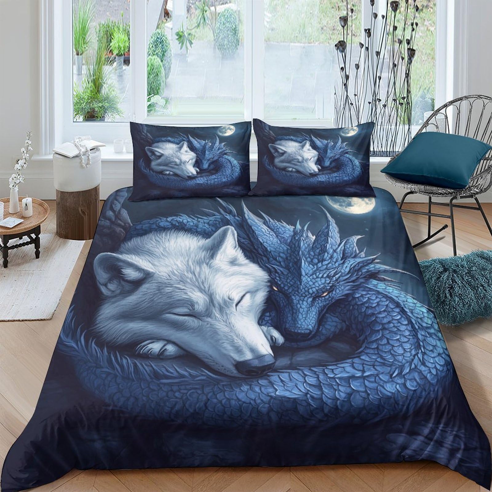 Ctjqhvkz Style-2 3D Printed Wolf And Dragon Fitted Sheet Microfiber Dark Blue Bed Cover For Bedroom Dorm Mattress Protection Decor Single（135X200cm）
