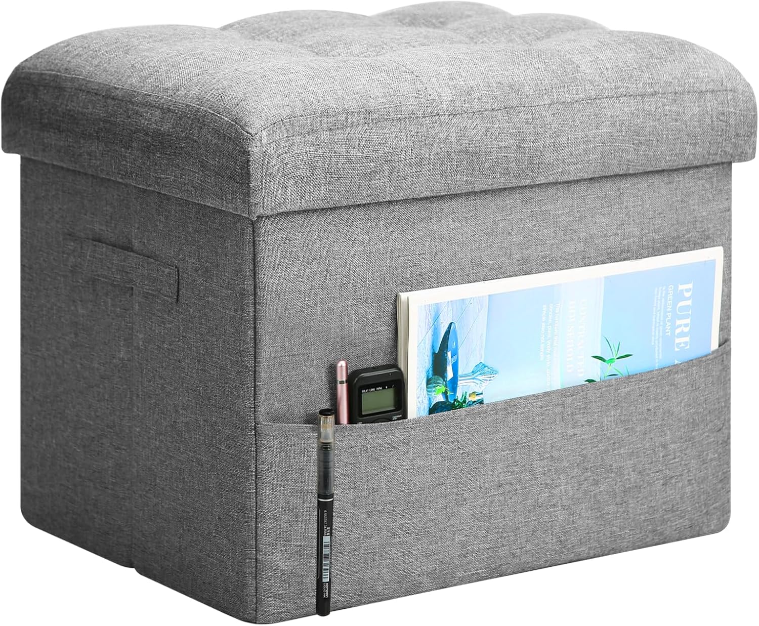 BelugaHelper Storage Ottoman Foot Rest, Folding Linen Foot Stool with Thicker Foam Padded Seat. Small Ottoman with Storage Bench for Bedroom Living Room, Holds Up to 300 lbs, 17x13x13IN (Light Gray)