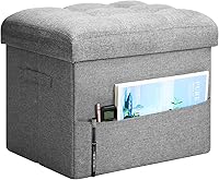 Vista 8 de Otomana de almacenamiento con asiento acolchado de espuma extragruesa, taburete reposapiés plegable con tela de lino, otomana de 43 L con banco