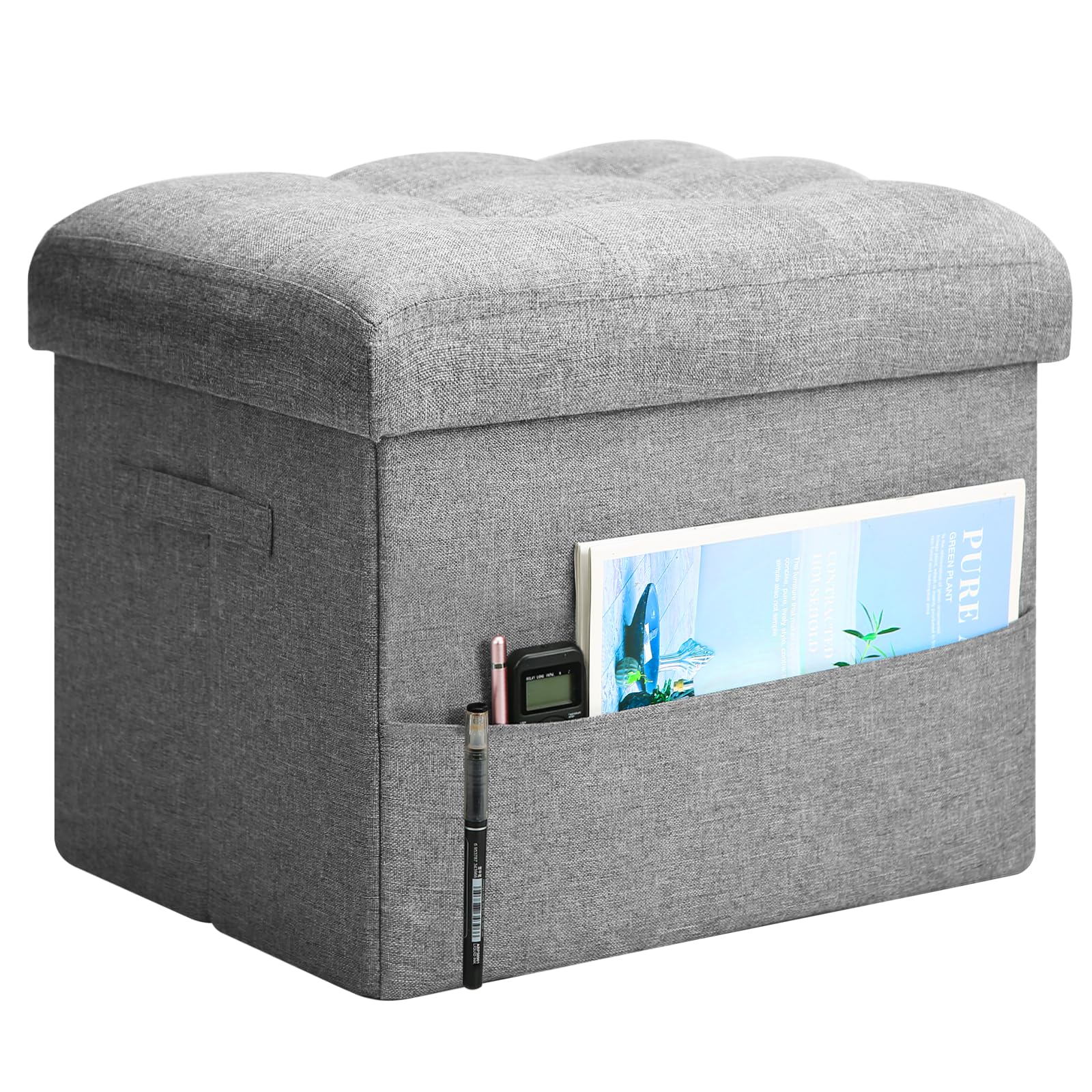 BelugaHelper Storage Ottoman Foot Rest, Folding Linen Foot Stool with Thicker Foam Padded Seat. Small Ottoman with Storage Bench for Bedroom Living