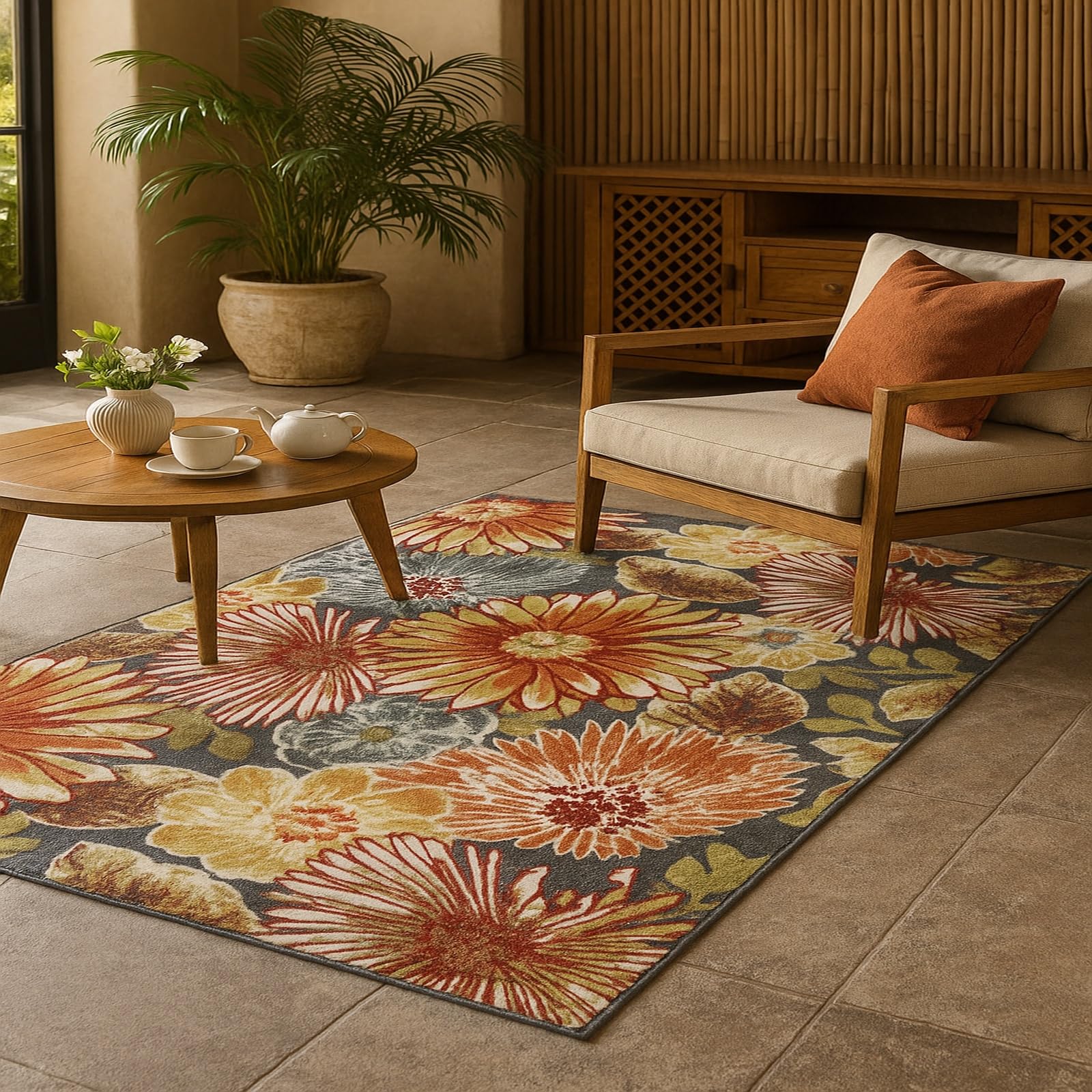 Tapis vintage rouge orange jaune gris 110x180 cm à poils courts