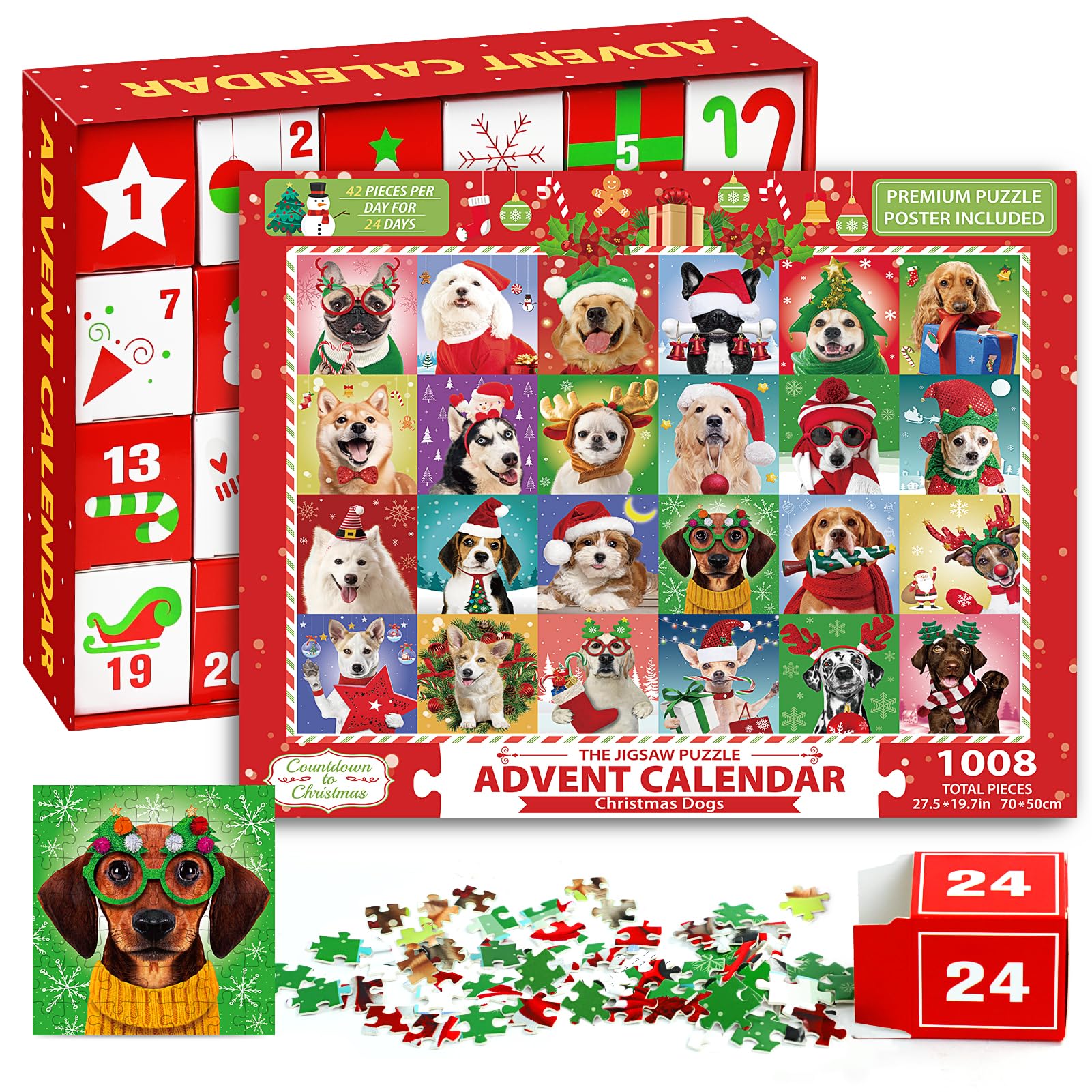 Puzzle Advent Calendar 2024 Adult Kids, 1008 Pcs Dog Jigsaw Puzzle Christmas Advent Calendar 2024 Holiday Puzzle Games Advent Calendar for Adult Women Men Teen Boy Girl 24 Days Countdown to Christmas