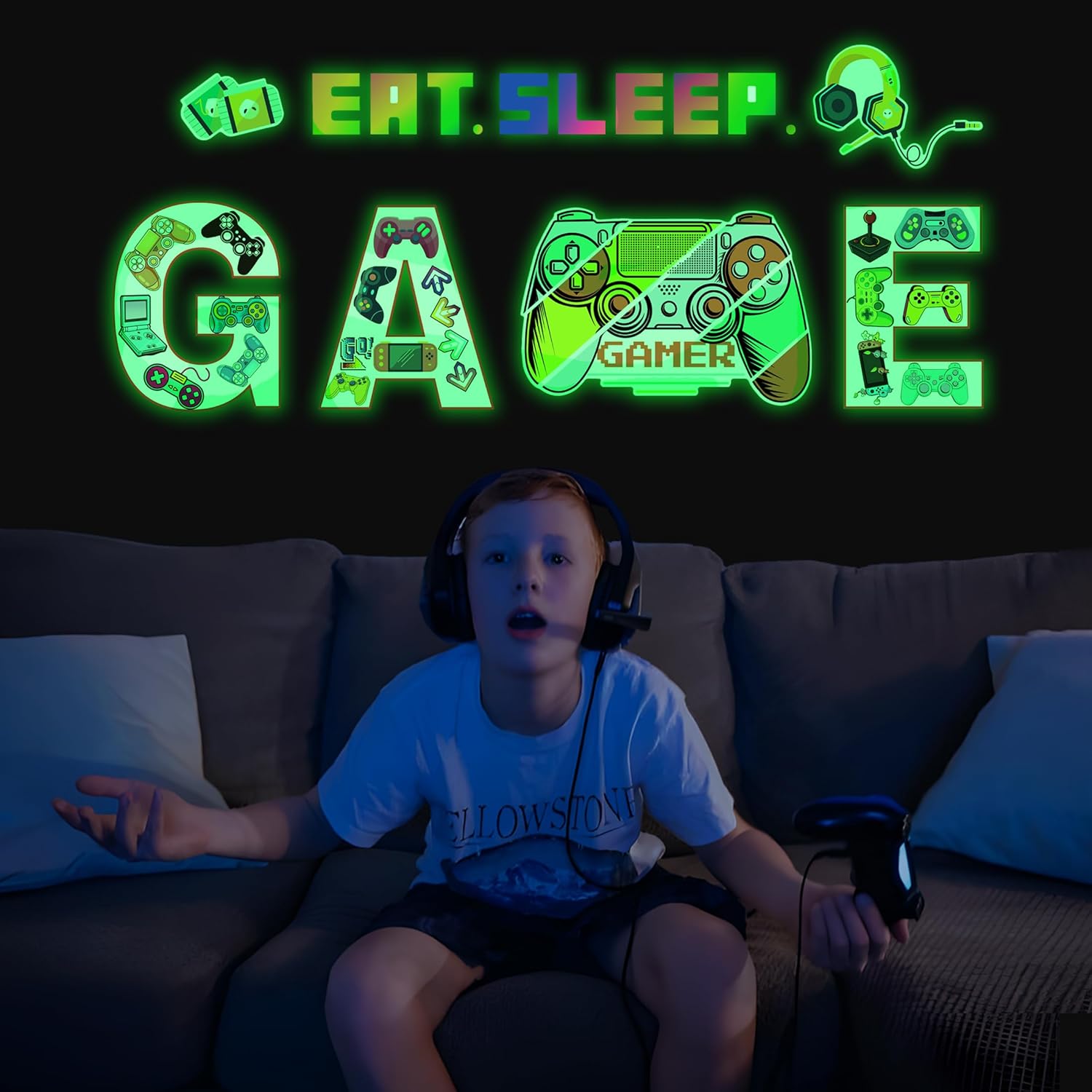 Glow in The Dark Neon Gamer Wall Decals, Game Controller Joystick Wall Stickers, EAT Sleep Game Gaming Room Decor, Kids Teens Boys Girls Bedroom Playroom Living Room Internet Bar