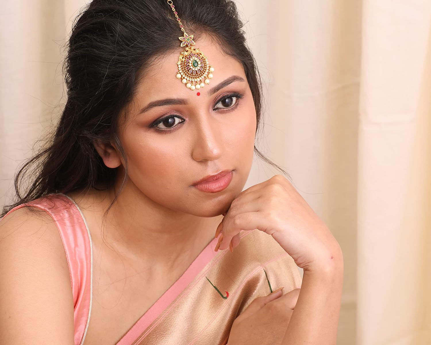 TARINIKA Antique Gold Maang Tikka Indian Headpiece Jewelry for Wedding & Festive Occasions | CZ Stone & Brass Alloy | Traditional Hair Accessories for Women - Image 2