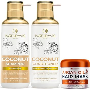 NATURAVIS Coconut Shampoo and Conditioner Set with Moroccan Argan Oil Mask - Hydrating, Anti-Frizz, Softening - Sulfate Free, Paraben Free - 42.25 Fl Oz